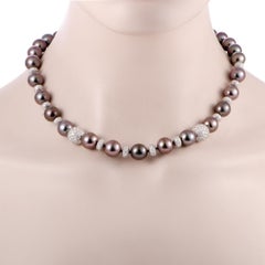Platinum Diamond Pave Beads and Tahitian Pearls Riviere Necklace