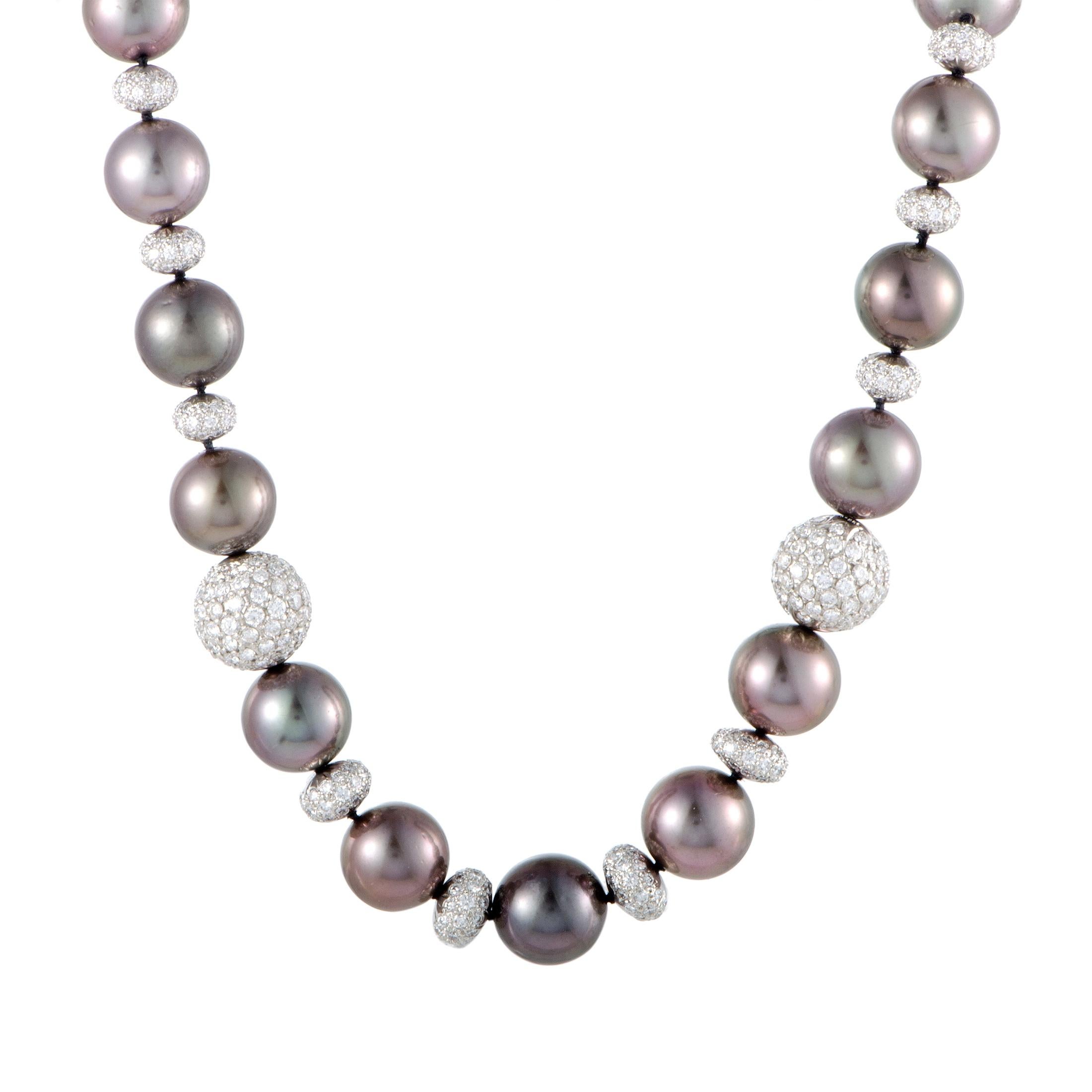 Platinum Diamond Pave Beads and Tahitian Pearls Riviere Necklace