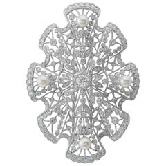 Platinum Diamond Pearl Brooch