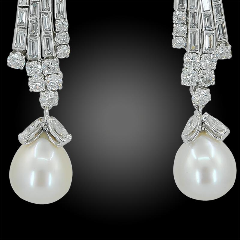 Women's or Men's Diamond Pearl Platinum Drop Earrings For Sale