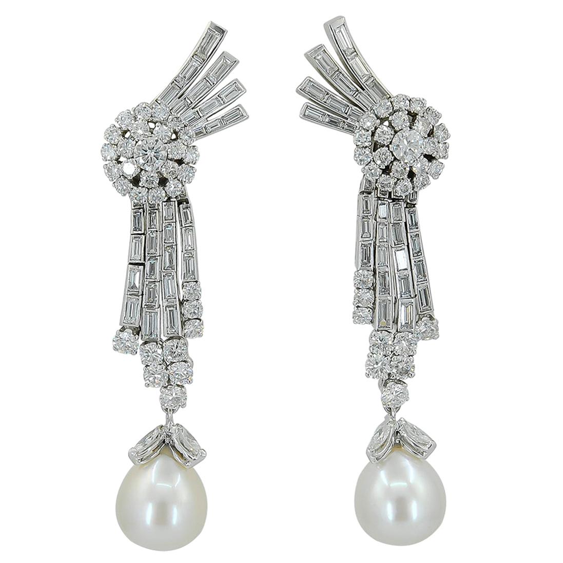 Diamond Pearl Platinum Drop Earrings For Sale