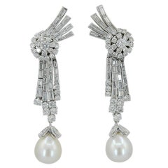 Diamond Pearl Platinum Drop Earrings