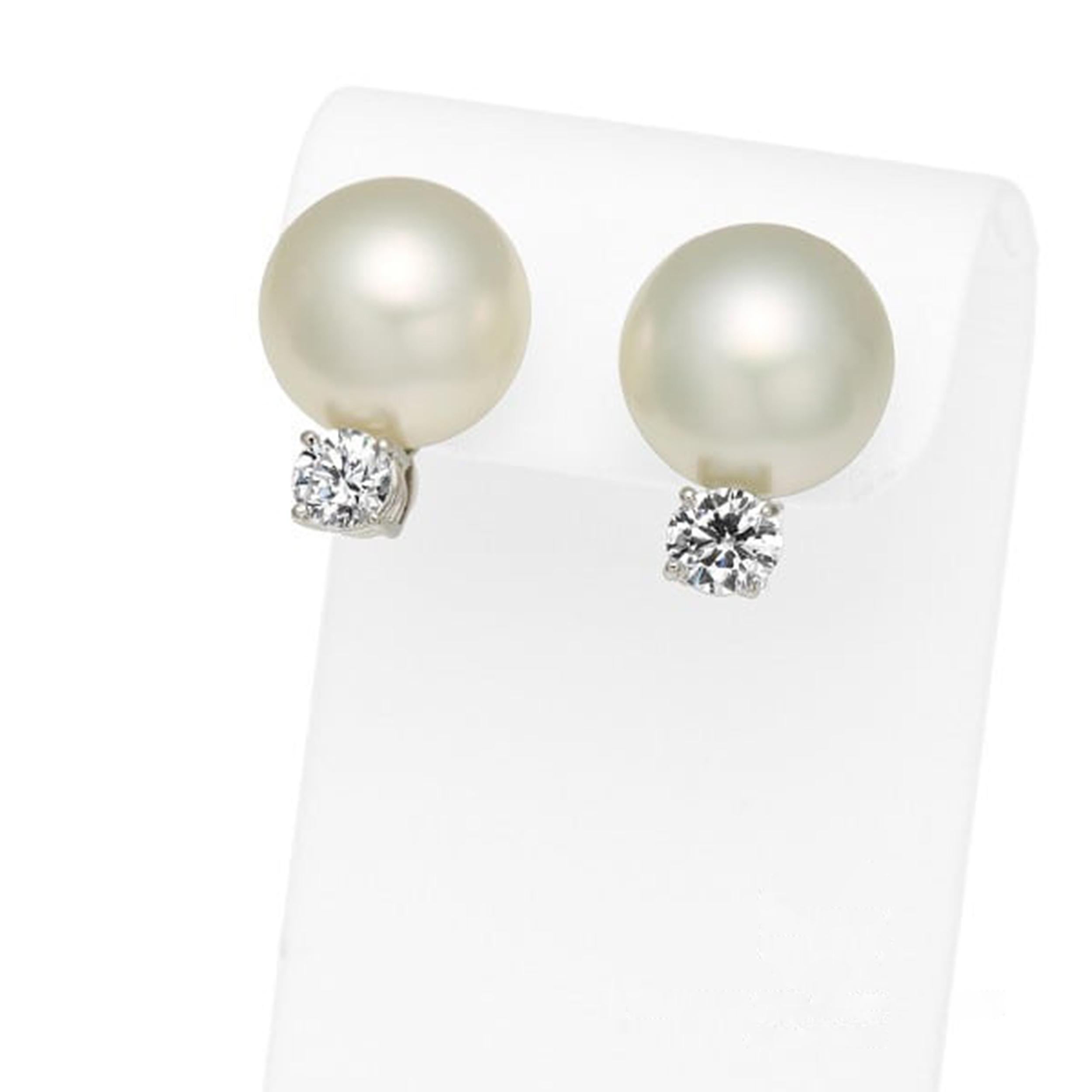 Artist Platinum Diamond Pearl Earrings  0.526ct & 0.505ct Diamonds  13.6mm Pearls For Sale
