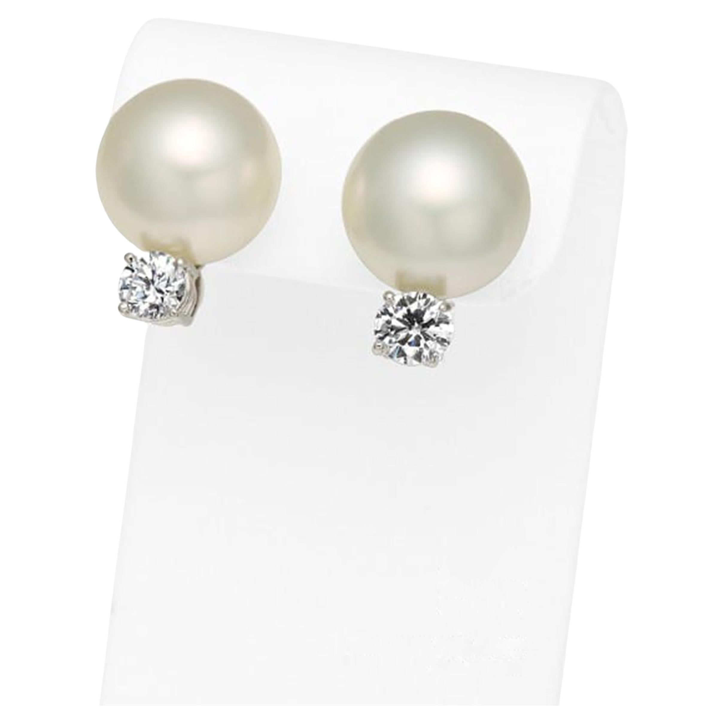 Platinum Diamond Pearl Earrings  0.526ct & 0.505ct Diamonds  13.6mm Pearls For Sale