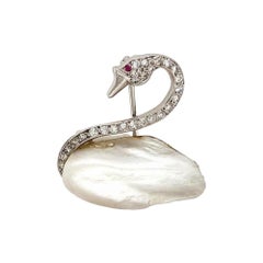 Vintage Platinum Diamond Pearl Swan Brooch