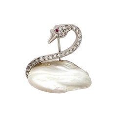 Platinum Diamond Pearl Swan Brooch