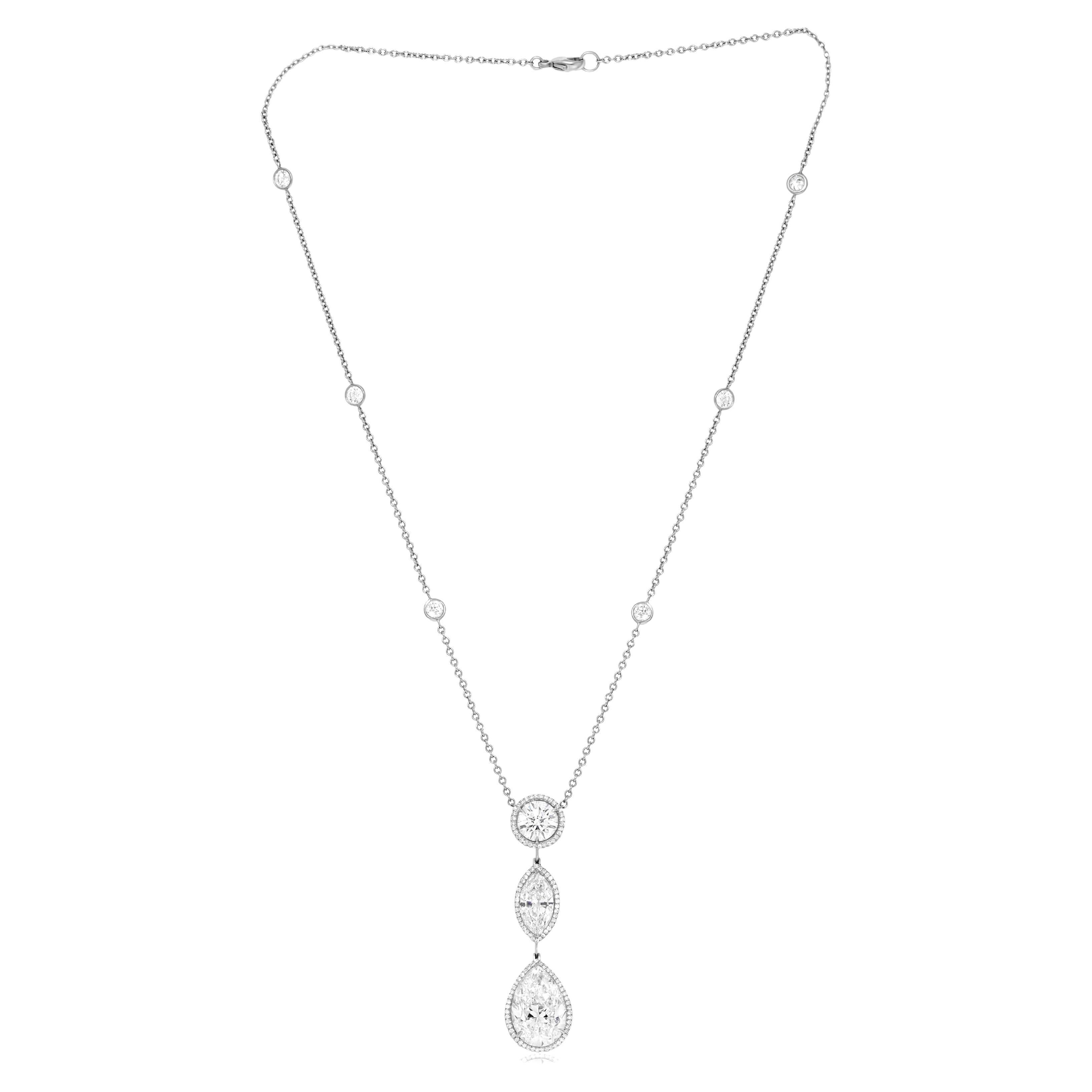 Platinum three shapes diamond pendant with  pear shape, marque and round diamonds features 6.66ct pear shape j-vs1(psc252) with 1.75ct I-si2 marquee (mqc167)  + 1.72ct I-vs2 round (rdc2780)  and 2.50 cts of micropave round diamonds on a diamonds by