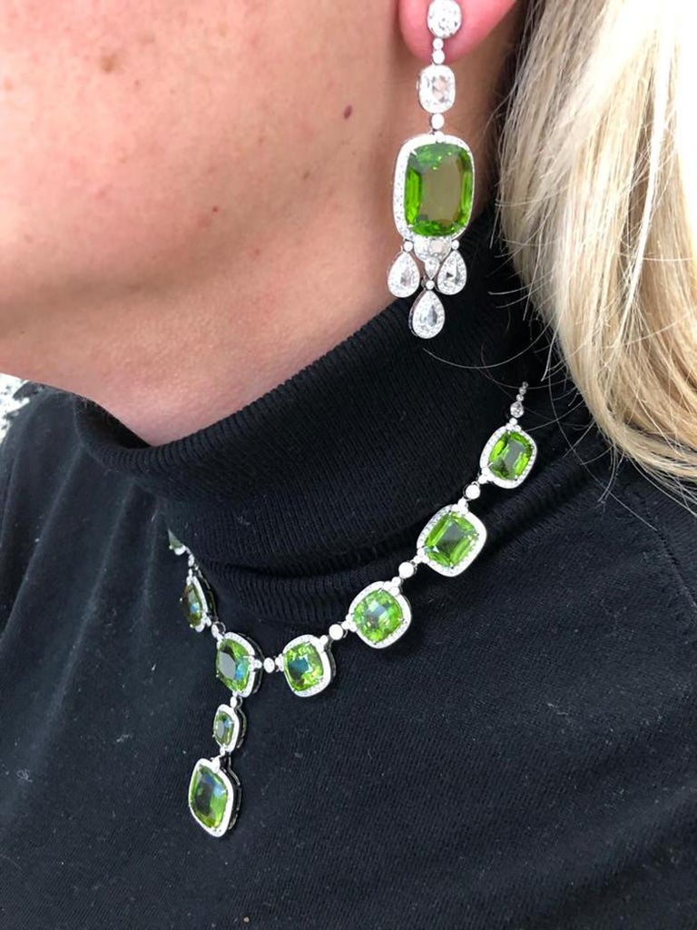 Platinum Diamond, Peridot Necklace and Earrings For Sale at 1stDibs