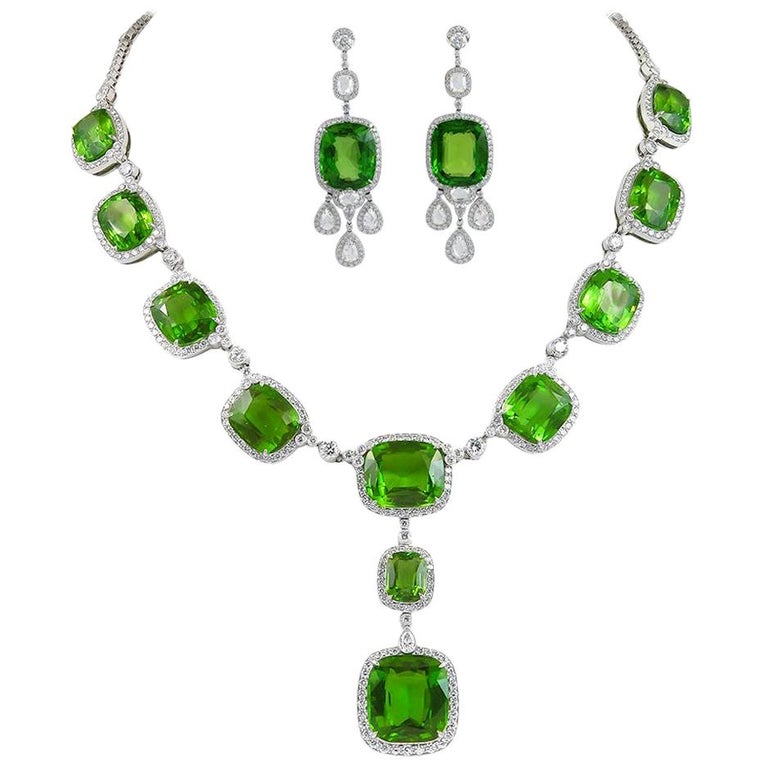 Platinum Diamond, Peridot Necklace and Earrings For Sale at 1stDibs