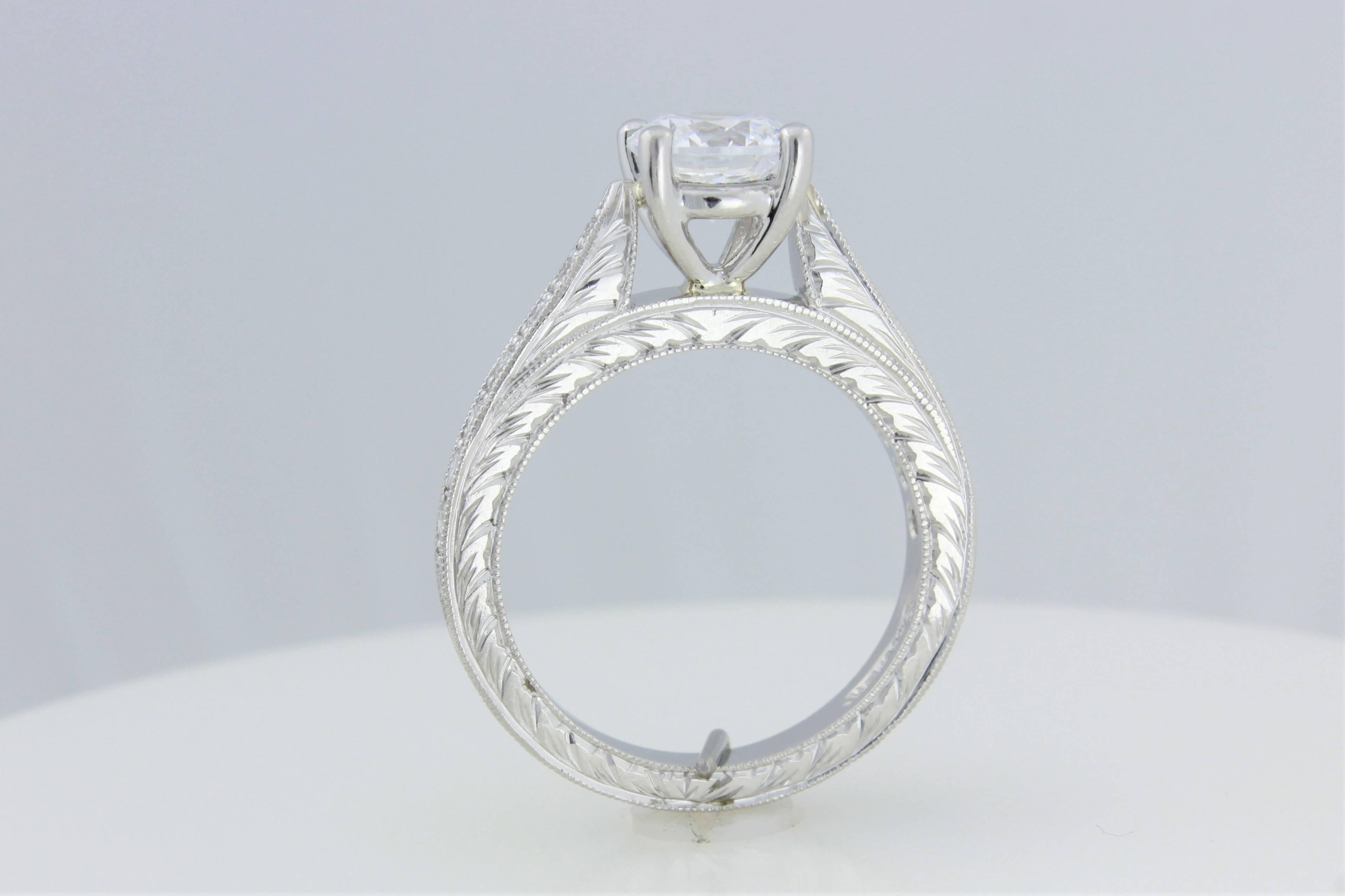 Contemporary Platinum Diamond Precision Set Hand Engraved Flush Fit Ring Mounting For Sale