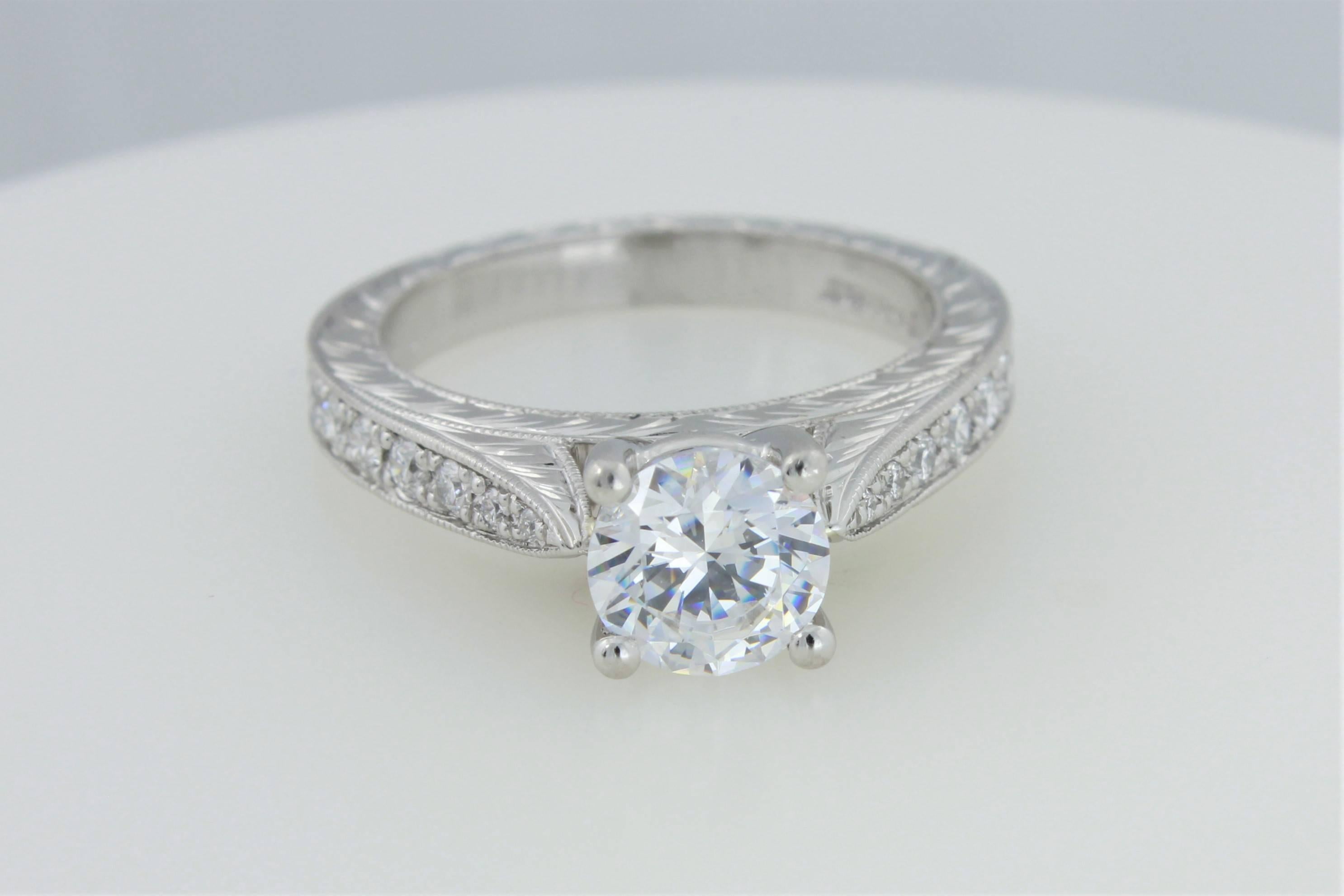 Platinum Diamond Precision Set Hand Engraved Flush Fit Ring Mounting In New Condition For Sale In Walnut Creek, CA