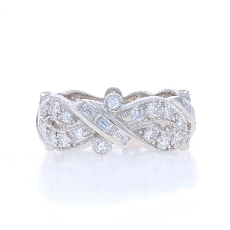 Platinum Diamond Retro Eternity Band - Single & Baguette 1.56ctw Vintage Ring In Excellent Condition For Sale In Greensboro, NC