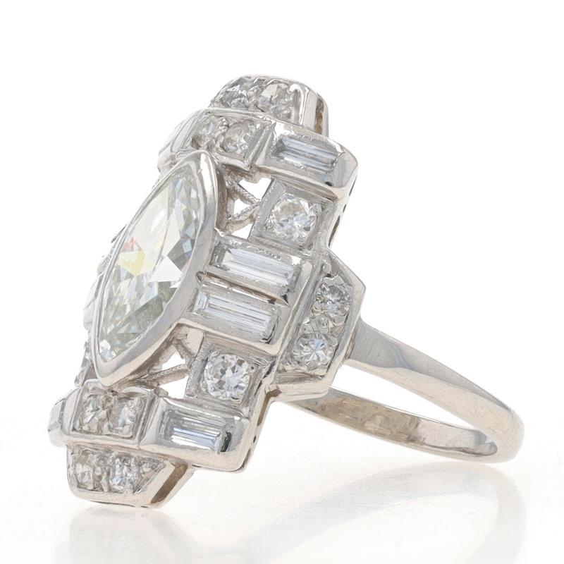 Size: 6
Sizing Fee: Up 1 size for $80 or Down 2 sizes for $60

Era: Retro
Date: 1940s - 1950s

Metal Content: 900 Platinum

Stone Information

Natural Diamond
Carat(s): .86ct
Cut: Old Cut Marquise
Color: G
Clarity: VS1

Natural Diamonds
Carat(s):