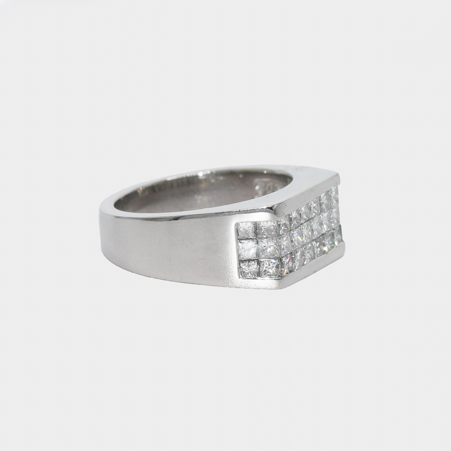 Men's platinum and diamond ring.
Stamped Plat and weighs 27.2 grams.
The diamonds are princess cuts, 2.00 total carats, G to H color and mostly VS clarity.
One diamond has a small chip on the corner that can only be seen under magnification.
The top