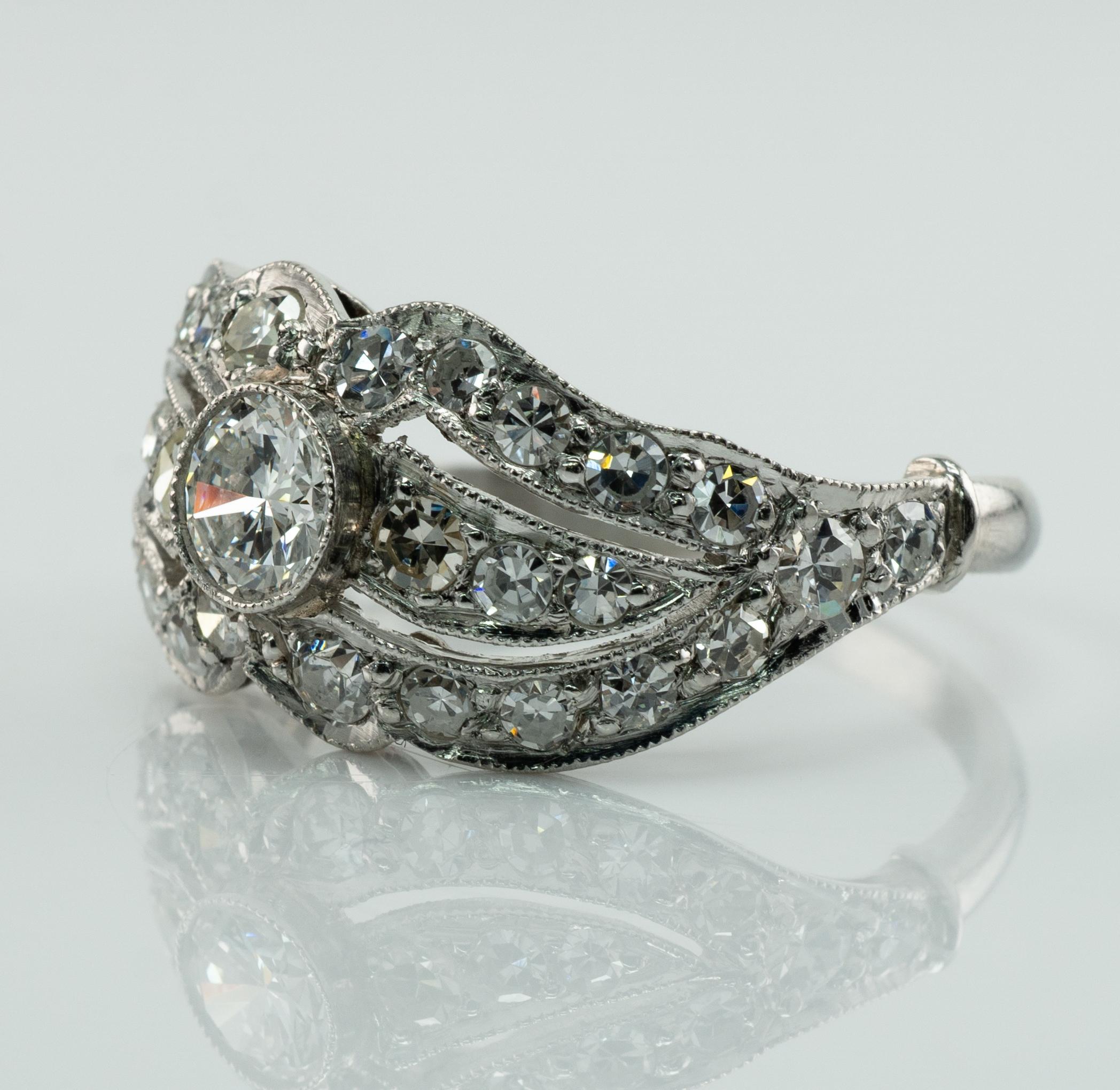 Women's Platinum Diamond Ring Band Vintage Engagement Wedding 1.41 TDW For Sale