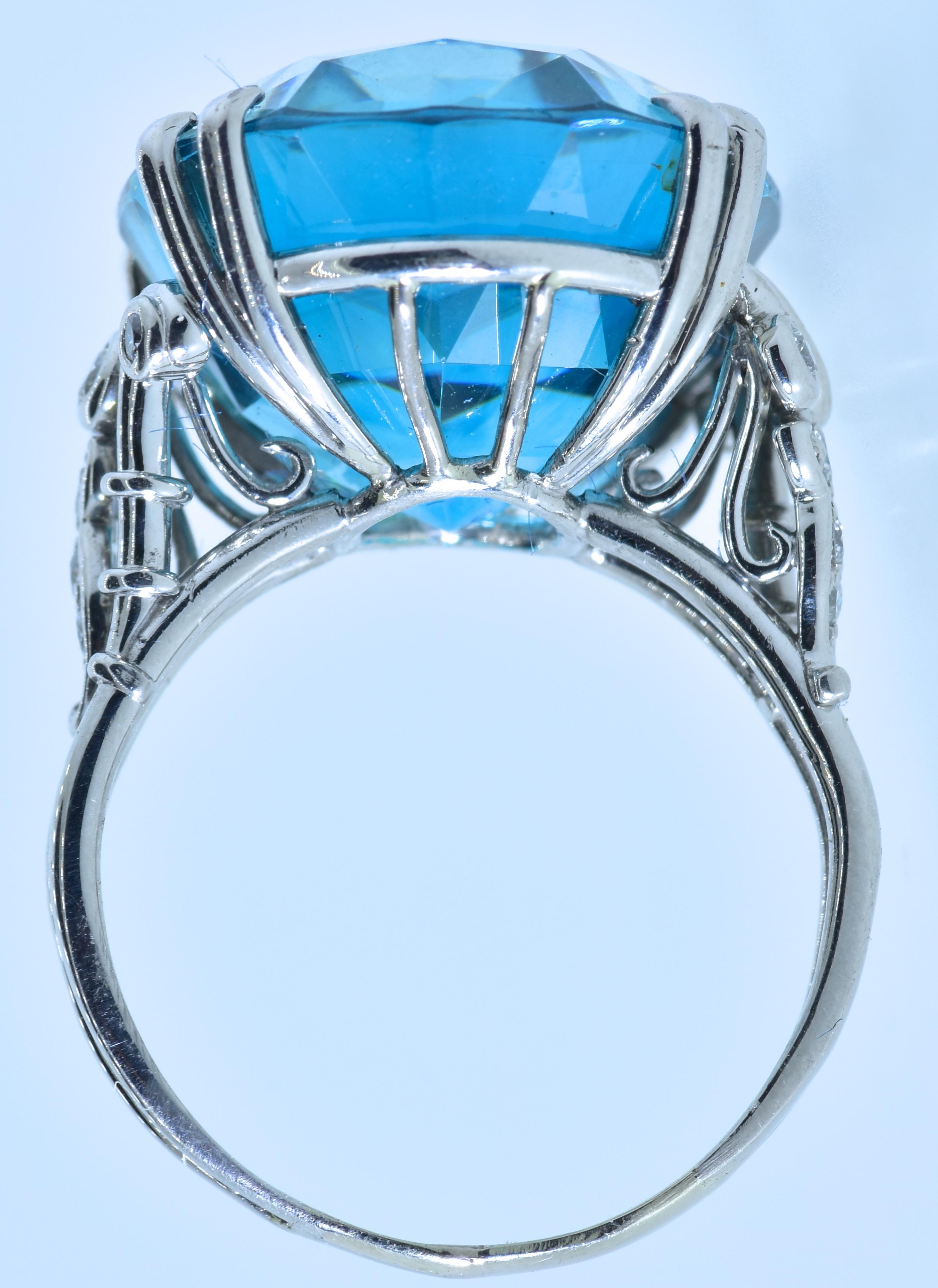 Art Deco Platinum & Diamond Ring Centering a Very Fine Large Natural Blue Zircon c. 1940