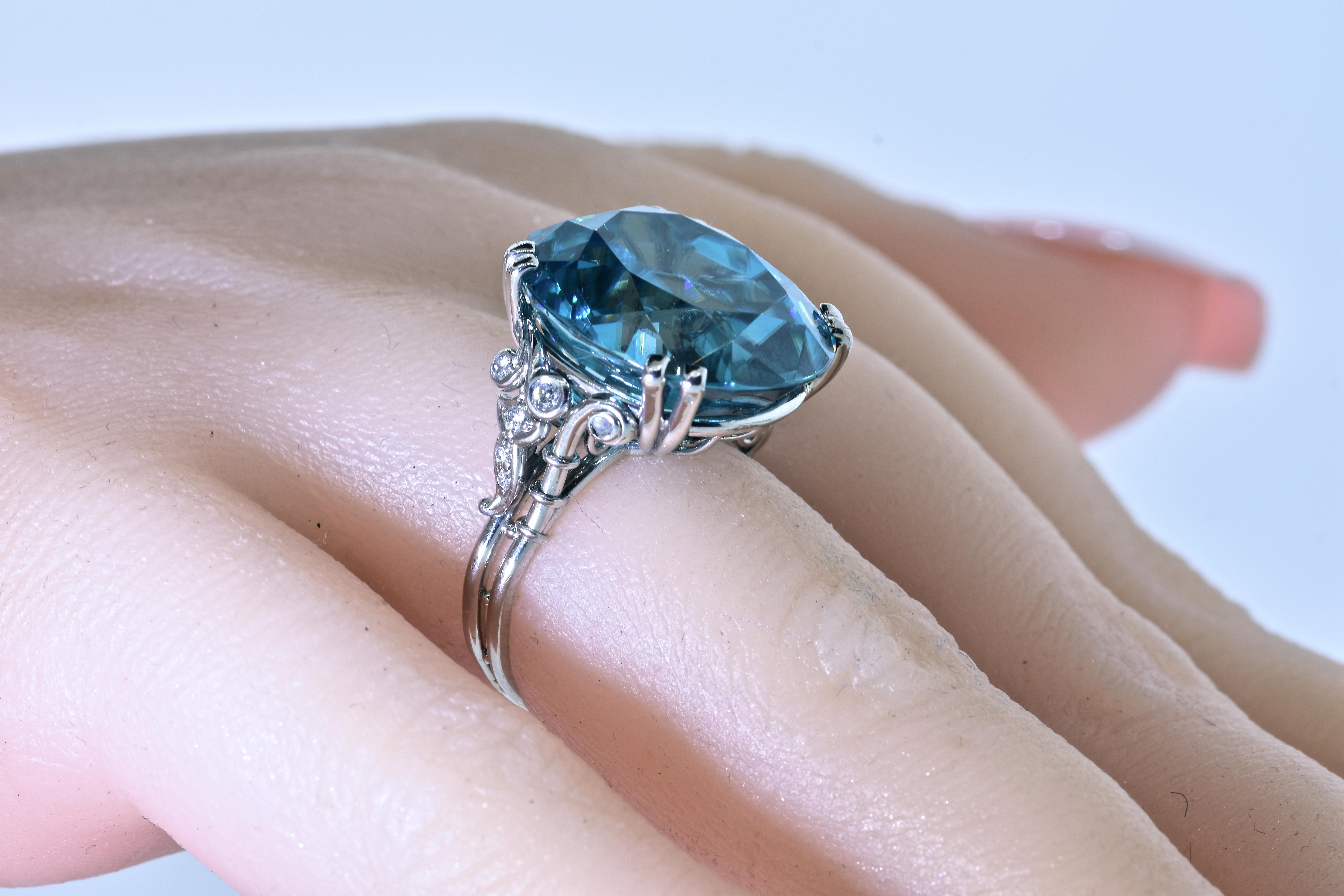 Brilliant Cut Platinum & Diamond Ring Centering a Very Fine Large Natural Blue Zircon c. 1940