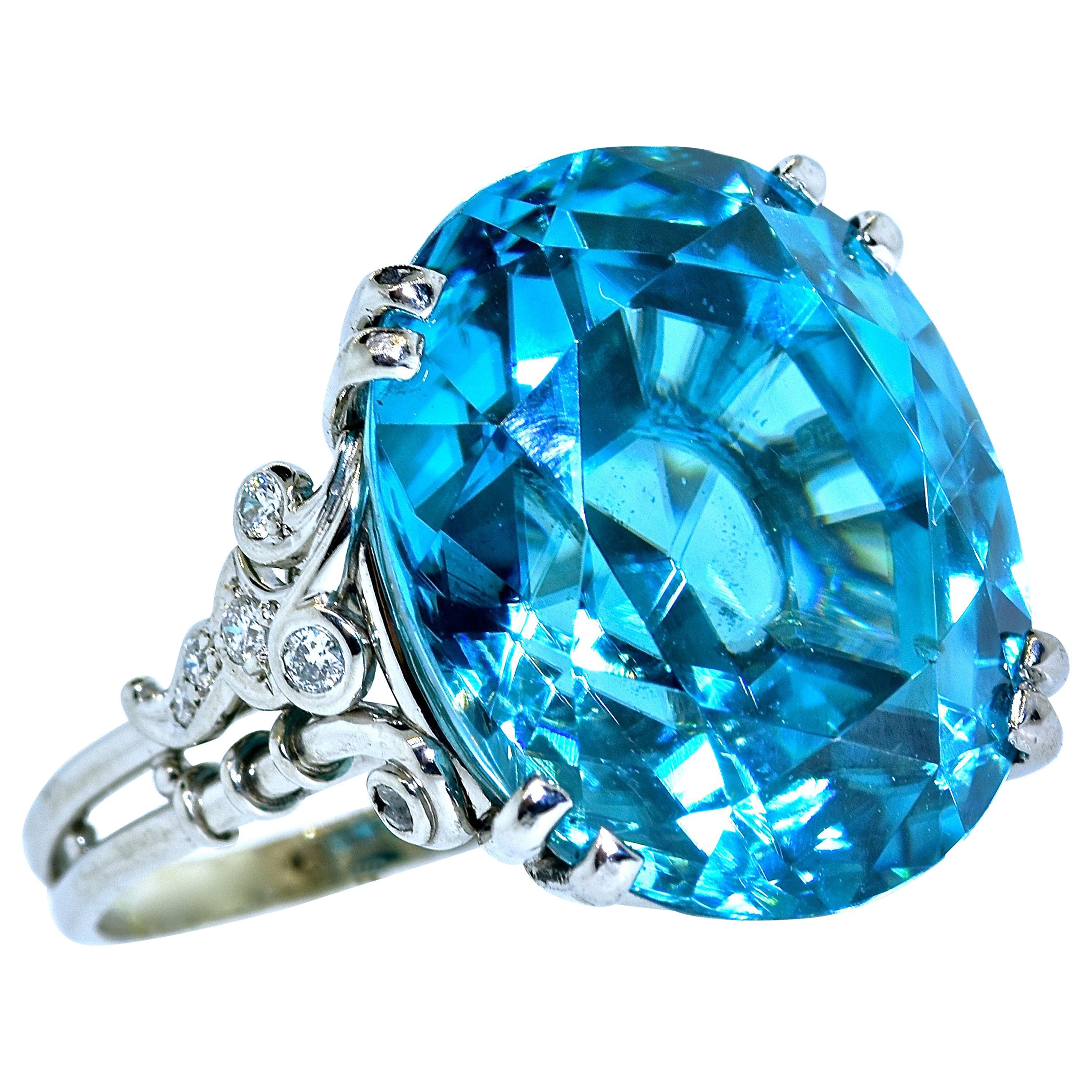 Platinum & Diamond Ring Centering a Very Fine Large Natural Blue Zircon c. 1940