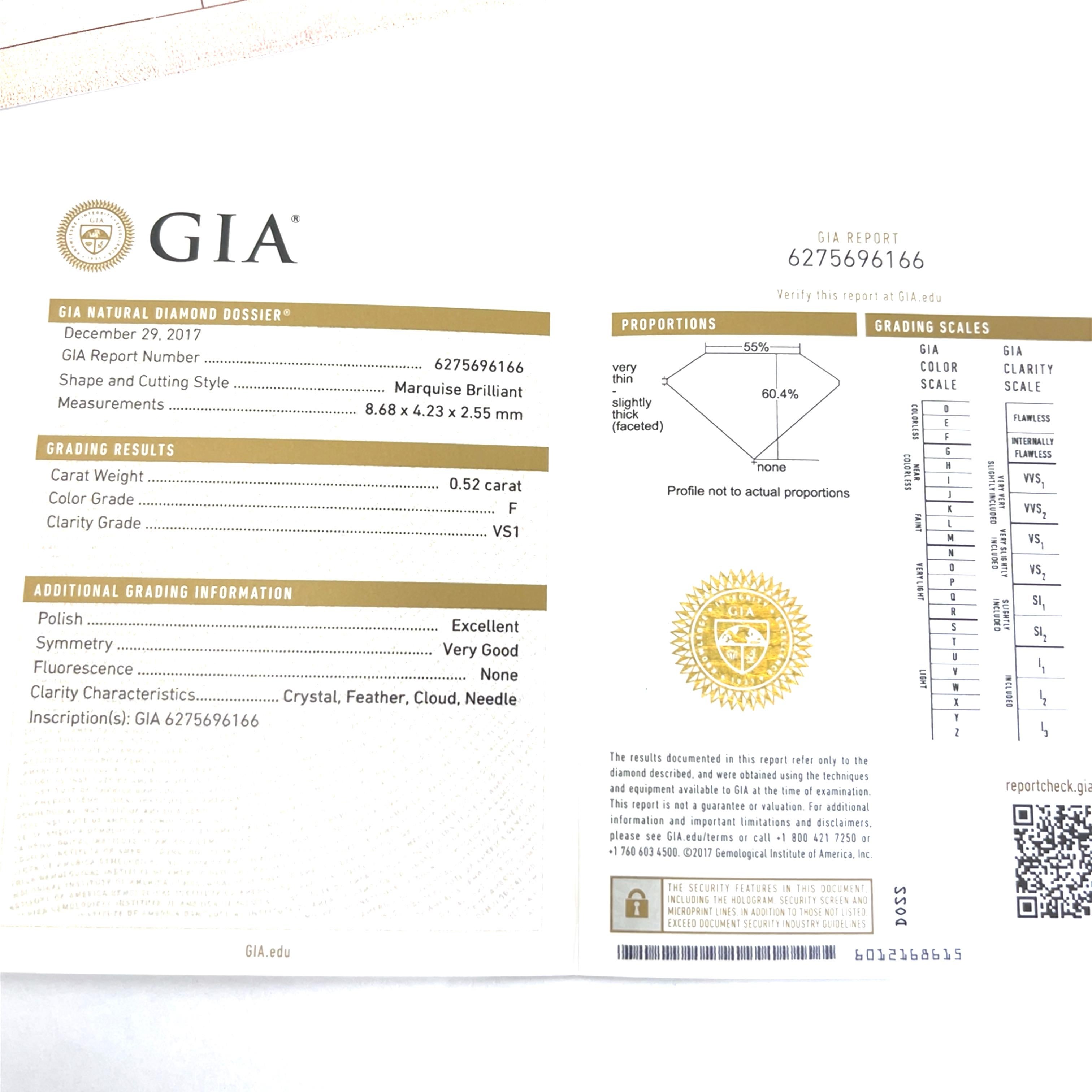 Bague en platine sertie d'un diamant de forme marquise de 0,30 carat, certifié GIA en vente 2