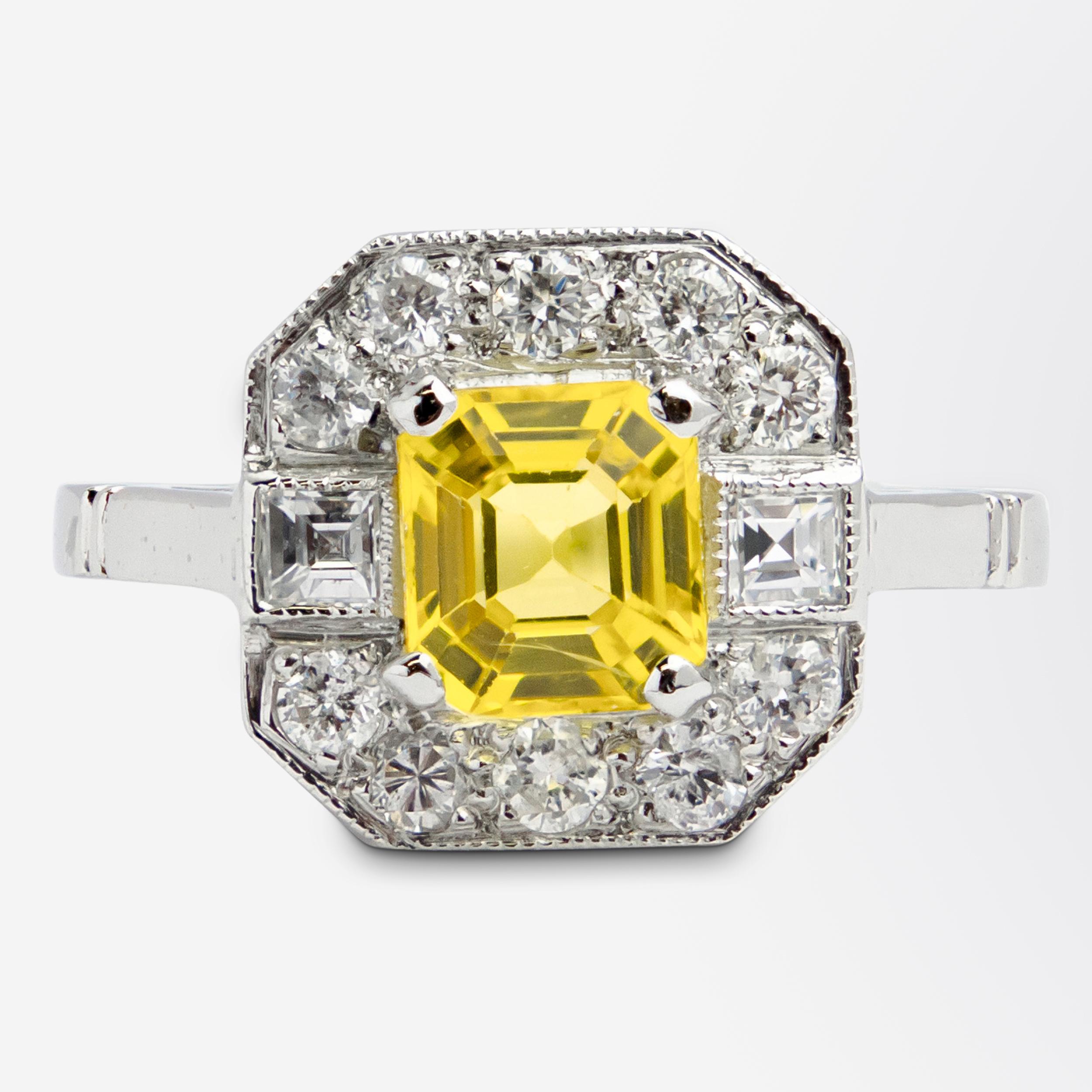 Emerald Cut Platinum & Diamond Ring Set With Australian Type Yellow Sapphire For Sale