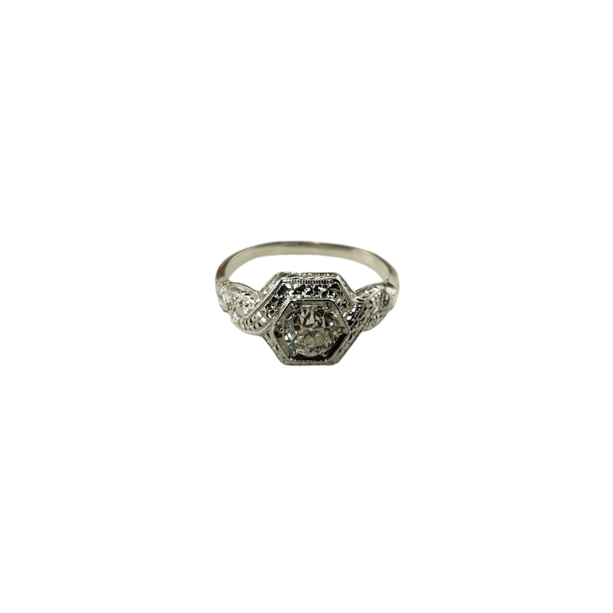 Vintage Platinum Diamond Ring Size 7 JAGi Certified-

This sparkling ring features one Old European cut diamond set in beautifully detailed platinum.  Width: 10 mm.  Shank: 1.7 mm.

Diamond weight: .69 ct.

Diamond color: G

Diamond clarity: