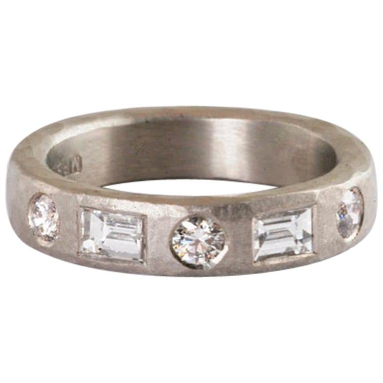 Platinum Diamond Ring with Baguette and Brilliant Cut For Sale
