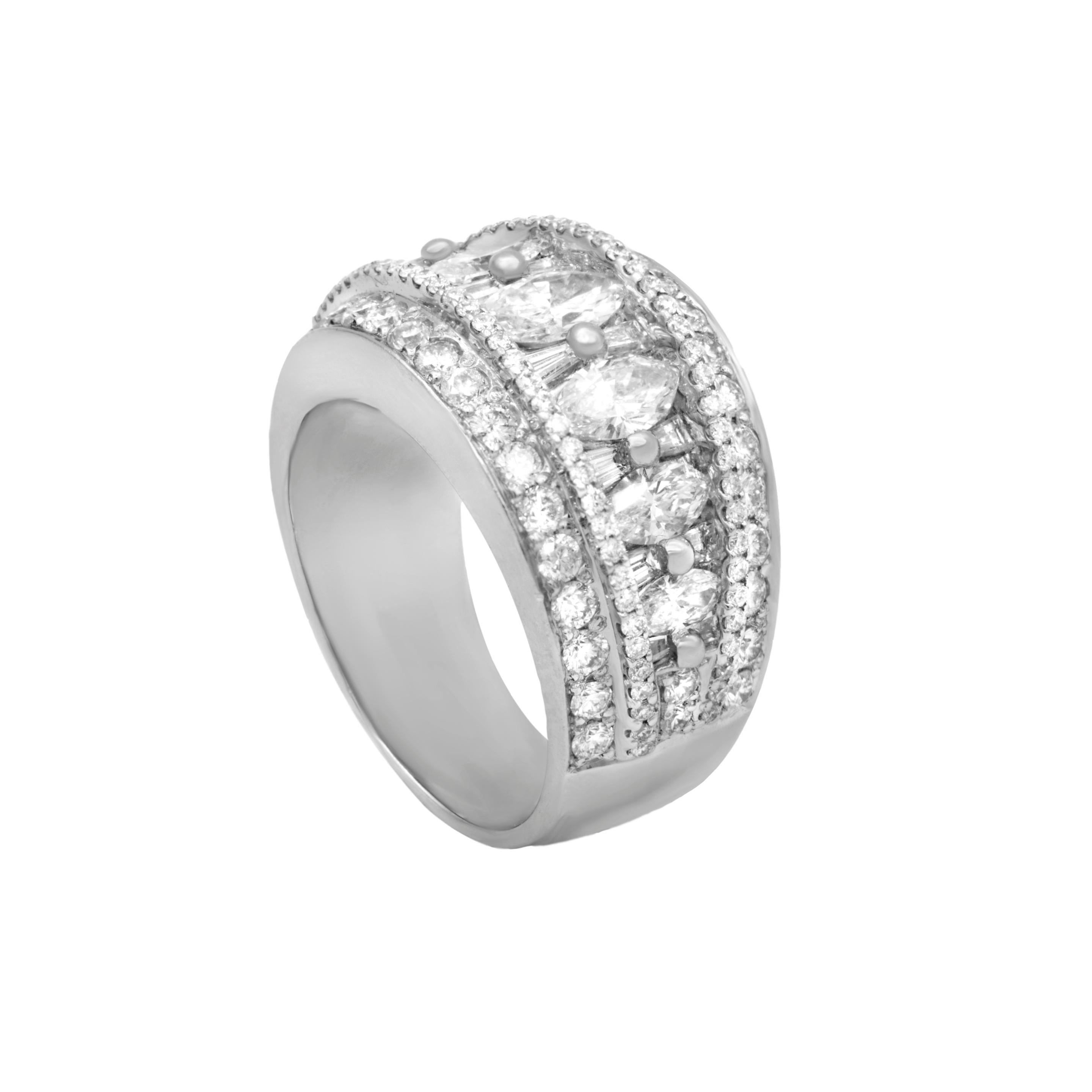 Platinum Multi row diamond ring, with marquise center row. 
4.50 Carats of Marquise, baguette and round brilliant cut diamonds. 

This product comes with a certificate of appraisal
This product will be packaged in a custom box 

Color 
White