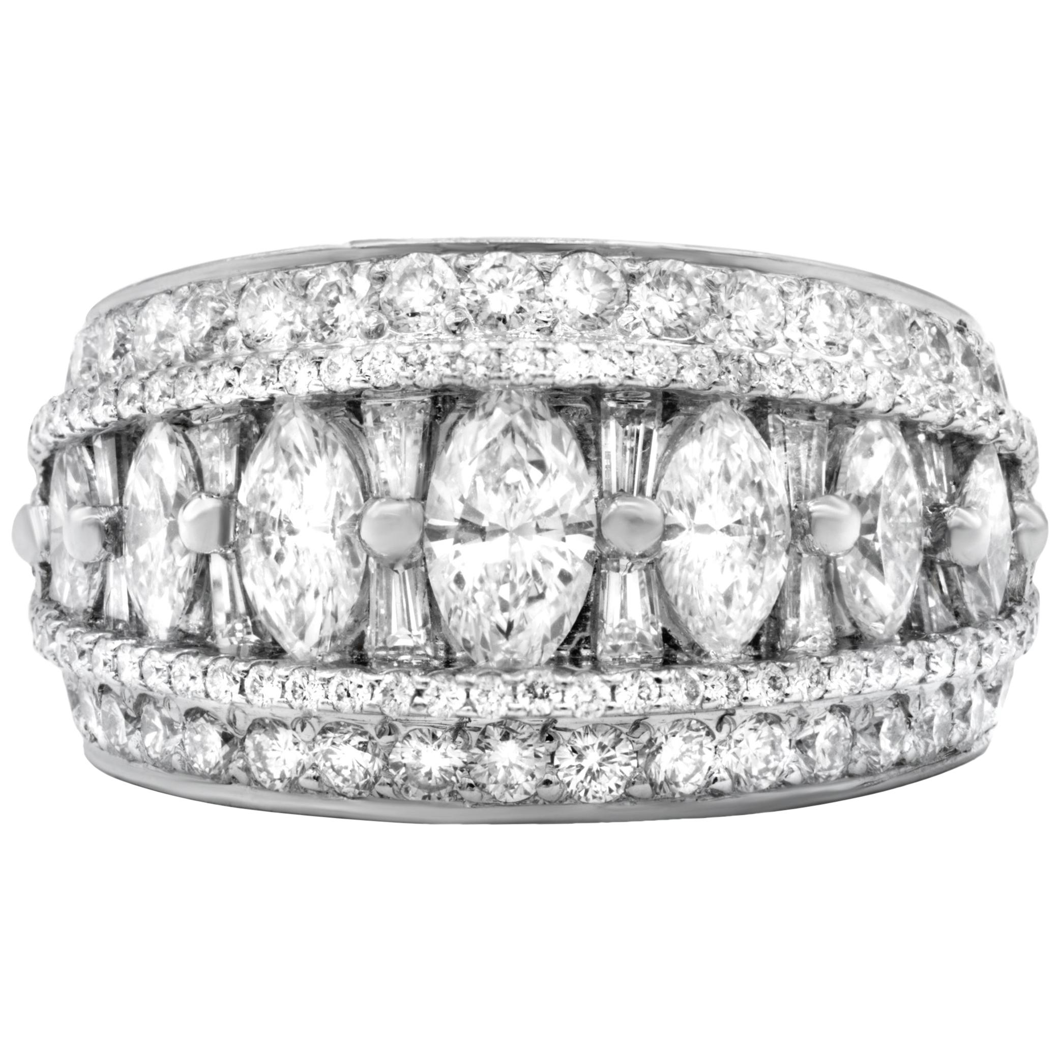 Platinum Diamond Ring with Marquise, Baguette and Round Diamonds For Sale