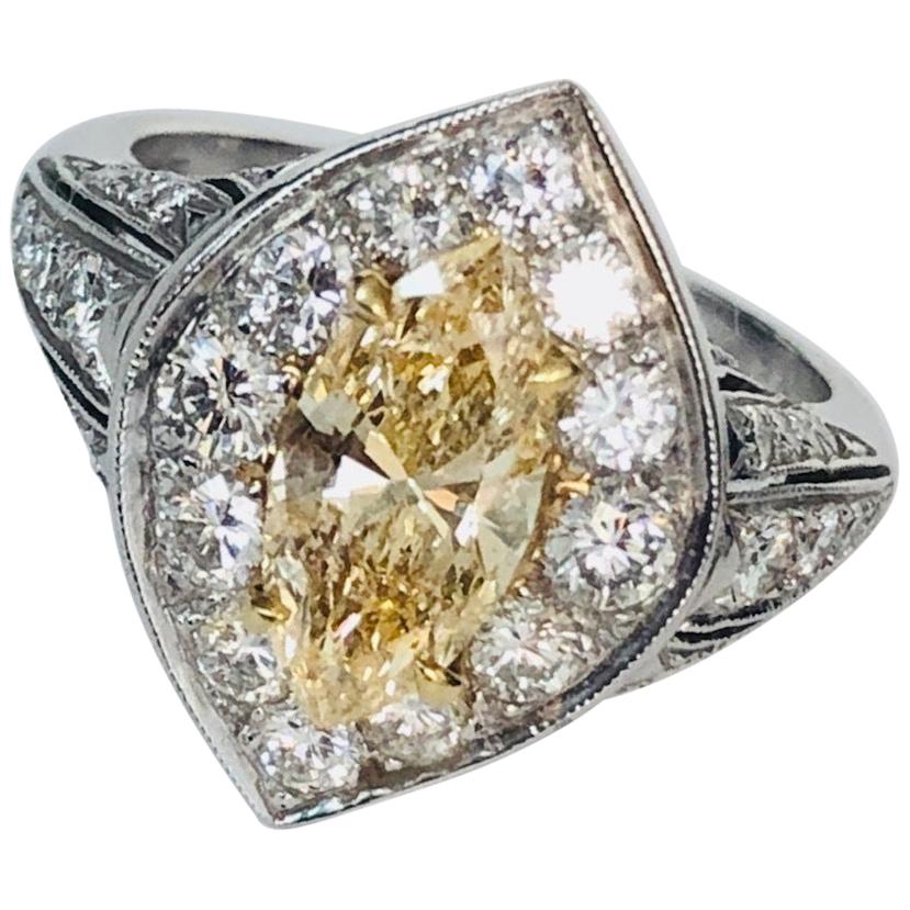 Platinum Diamond Ring with Natural Color Marquise Diamond 1.33 Carat For Sale