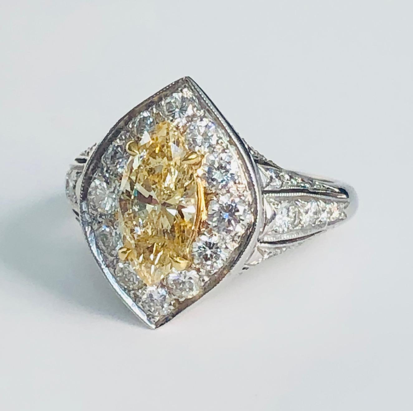 Art Deco Platinum Diamond Ring with Natural Color Marquise Diamond 1.33 Carat For Sale