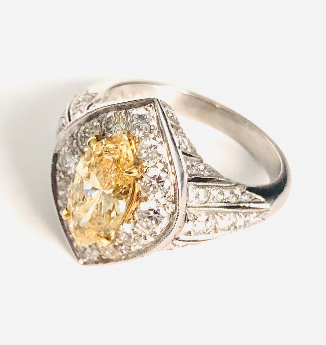 Marquise Cut Platinum Diamond Ring with Natural Color Marquise Diamond 1.33 Carat For Sale