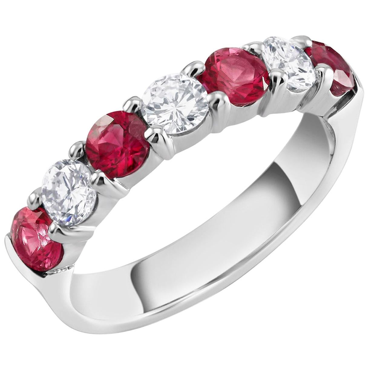 Platinum Prong Set 7 Stone partial ring 
Each diamond and ruby measures 4.5 millimeter stone  
3 round shape diamond weighing 1.00 carats 
Four Rubies weighing 1.80 carats
Diamond quality G VS
Fine quality Burma ruby, brilliant red 
New Ring
Ring