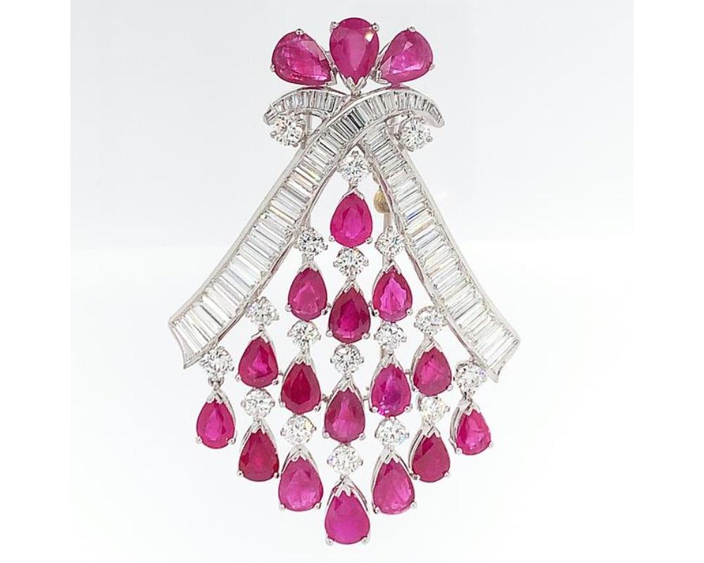 Round Cut Platinum Diamond Ruby Brooch For Sale