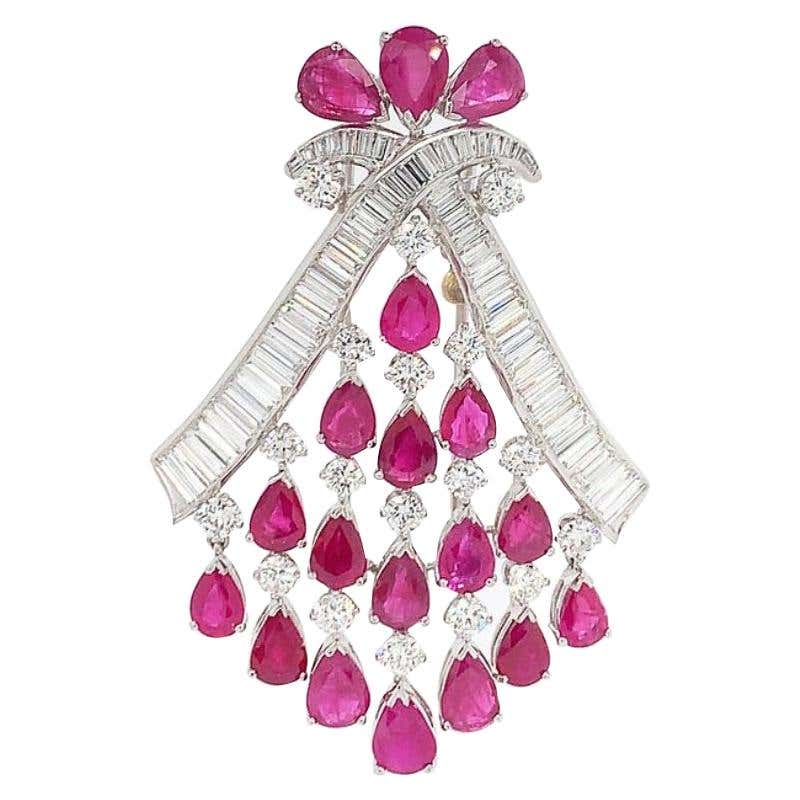 Retro Gold Platinum Ruby Diamond Brooch For Sale at 1stDibs