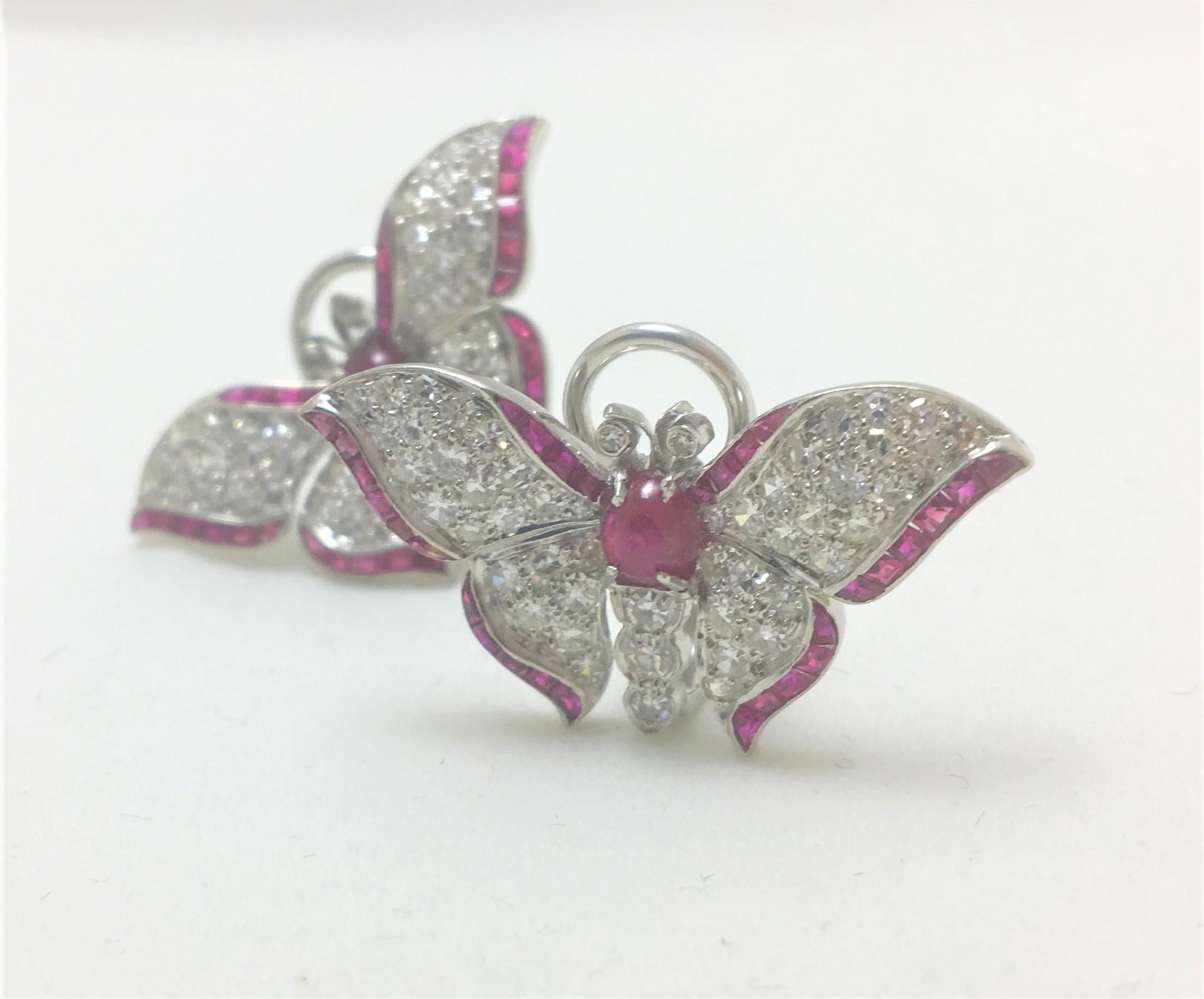 Diamond and Ruby Butterfly Earrings
Platinum- omega backs are 14KW
Each earring is outlined with 30 channel set rubies.  Center of each butterfly is set with a cabochon ruby approximately 3mmx2mm.  Each earring has 51 diamonds, each approximately