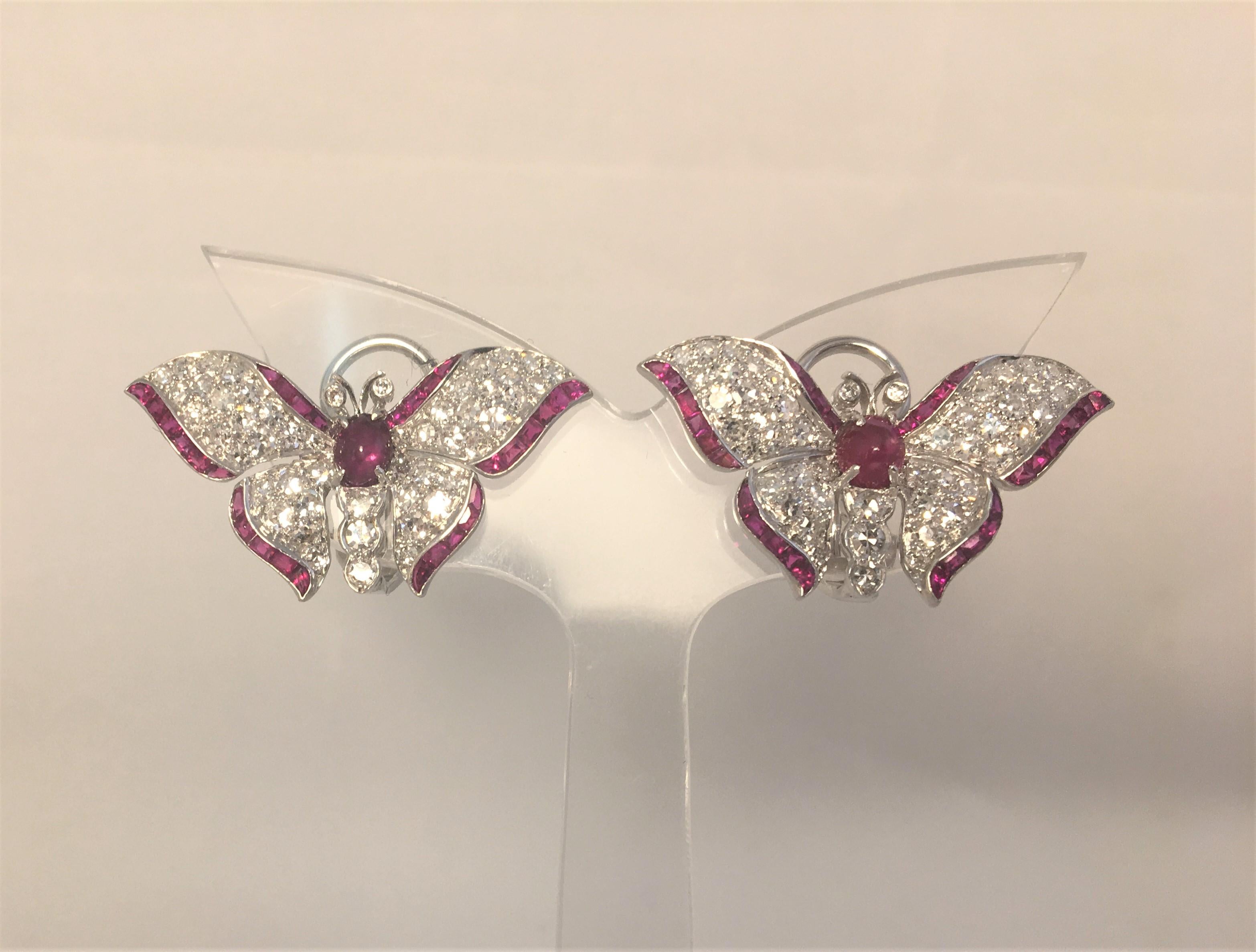 Cabochon Platinum Diamond Ruby Butterfly Earrings For Sale