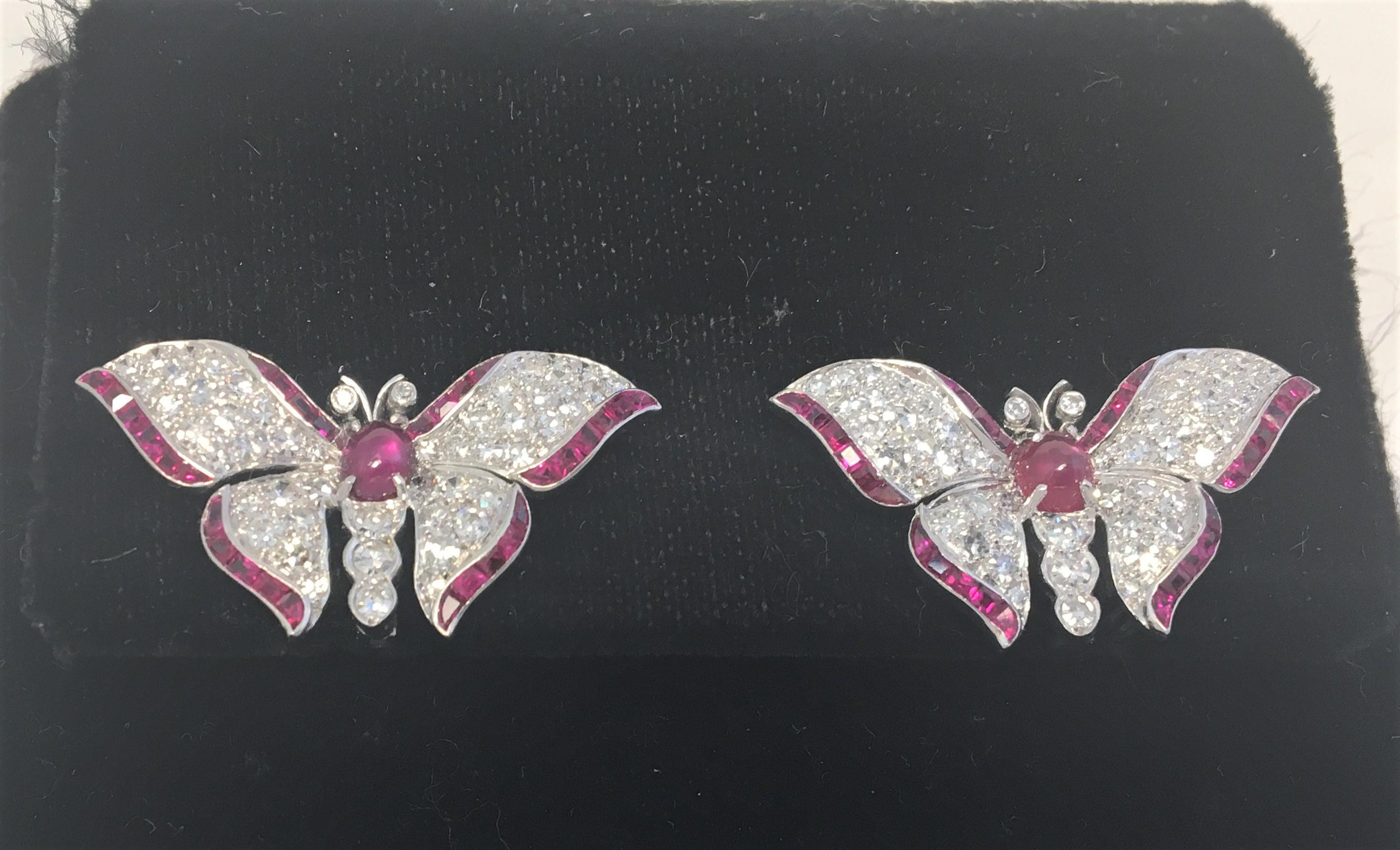 Platinum Diamond Ruby Butterfly Earrings In Good Condition For Sale In Cincinnati, OH