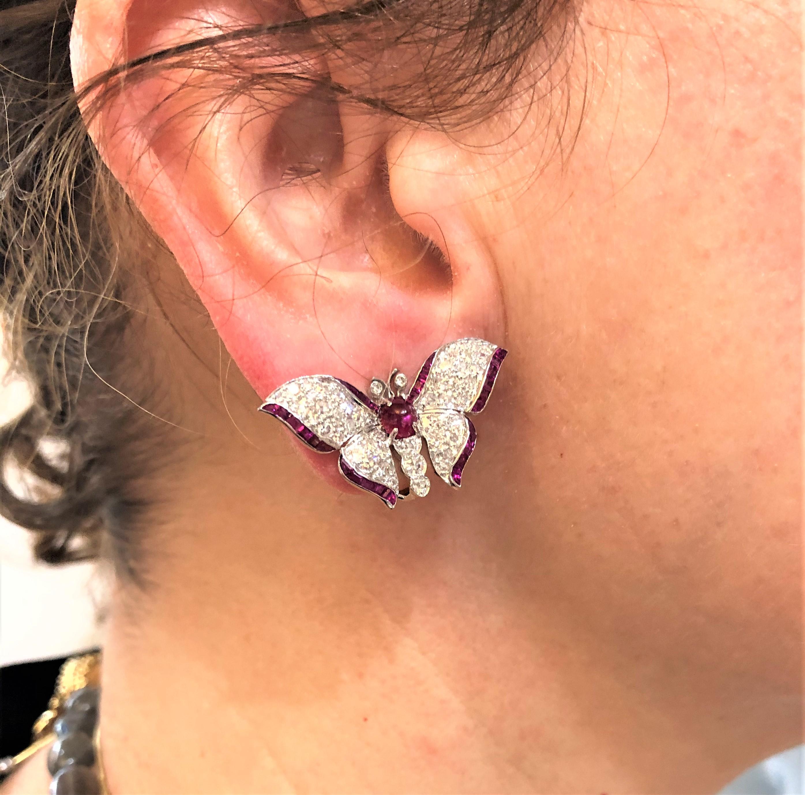 Platinum Diamond Ruby Butterfly Earrings For Sale 1