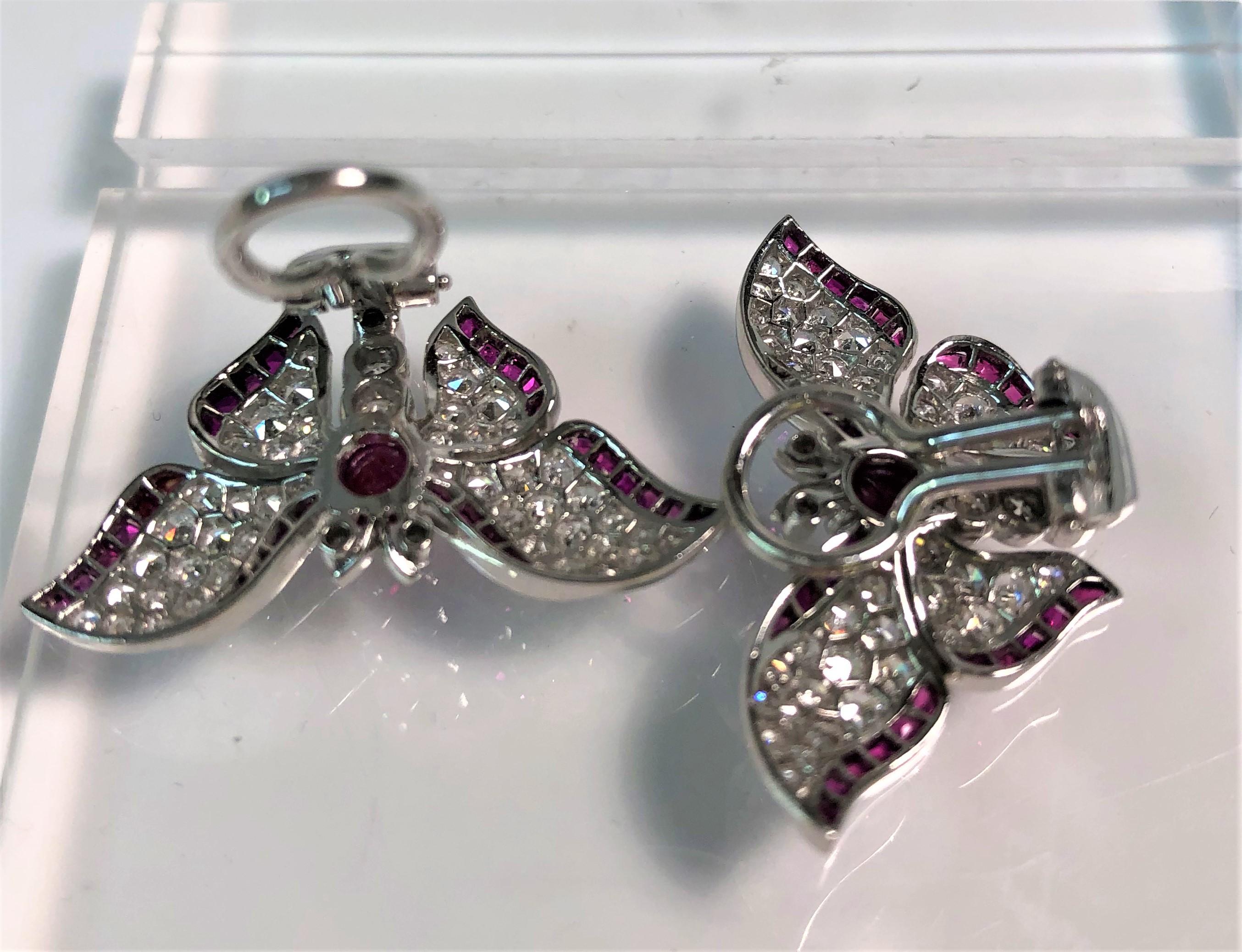 Platinum Diamond Ruby Butterfly Earrings For Sale 2