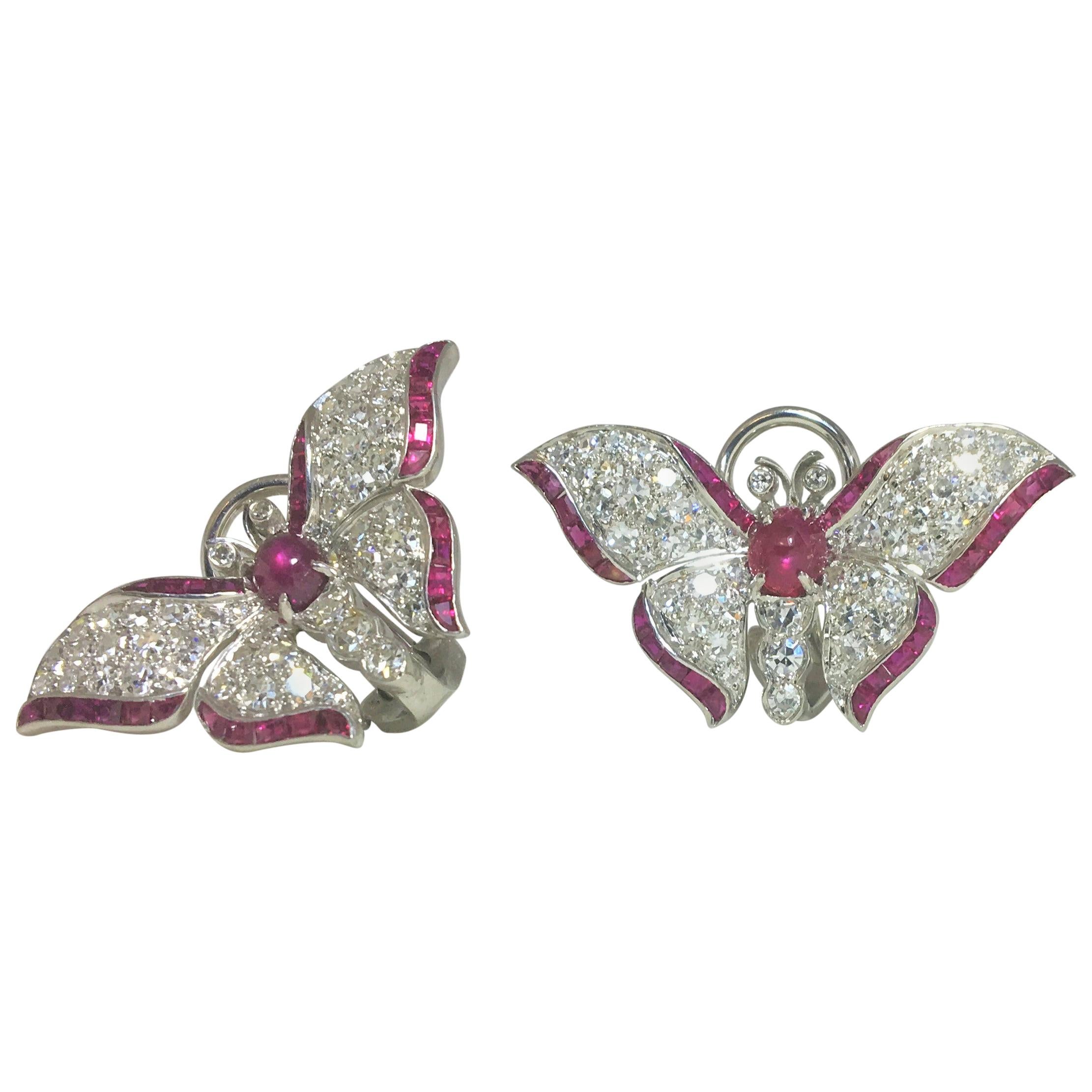 Platinum Diamond Ruby Butterfly Earrings For Sale