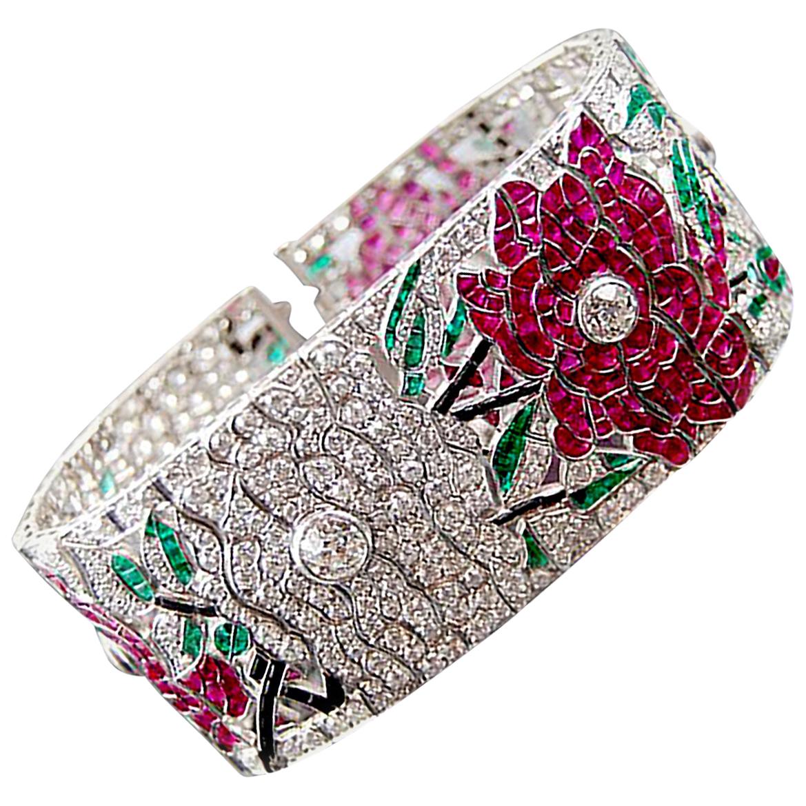 Diamond Ruby Emerald Onyx Platinum Flower Bracelet
