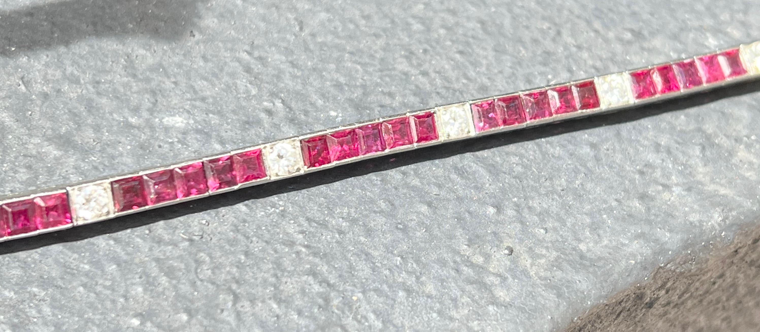 Mixed Cut Platinum Diamond & Ruby Gemstone Straight Line Bracelet  For Sale