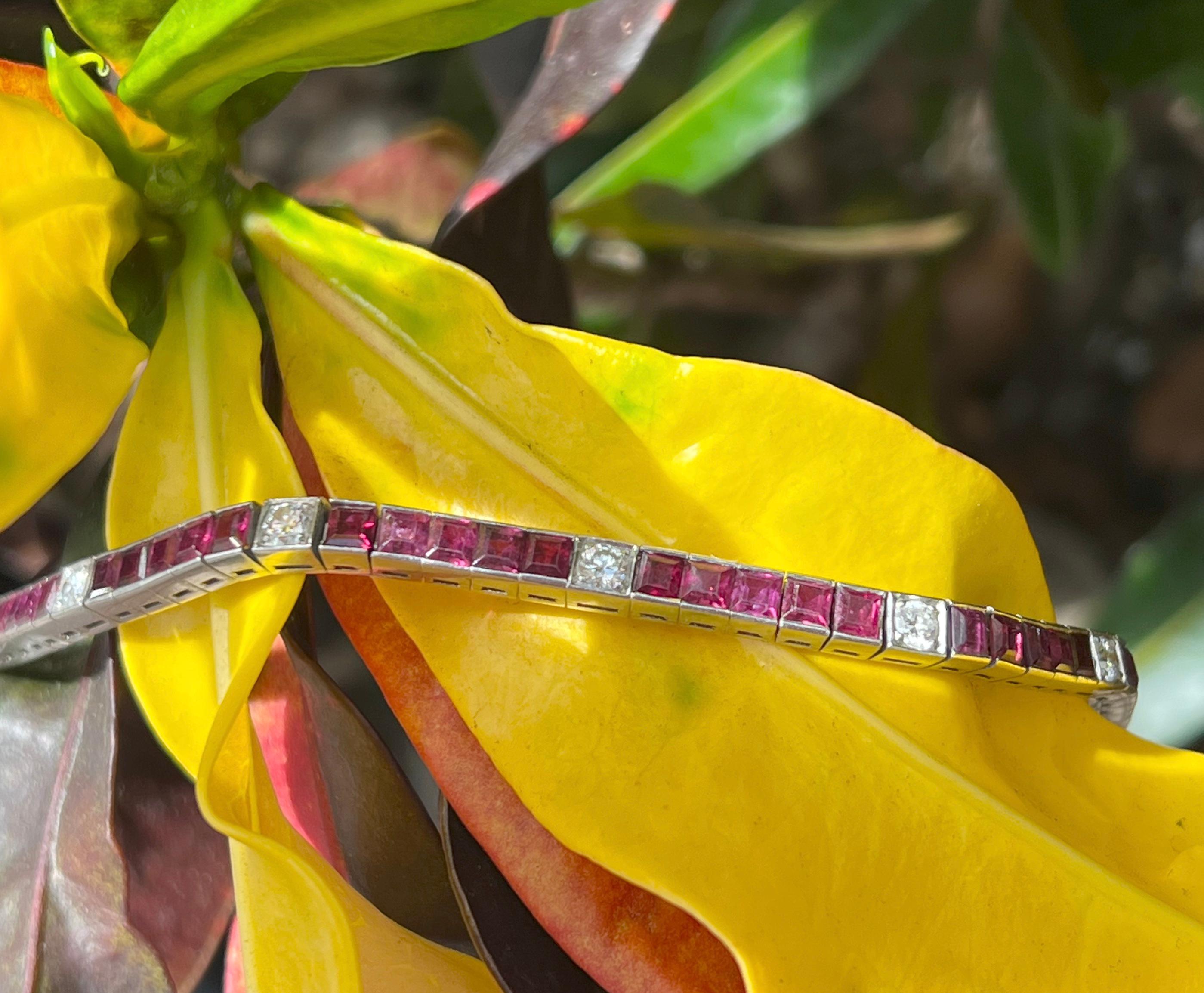 Platinum Diamond & Ruby Gemstone Straight Line Bracelet  For Sale 1