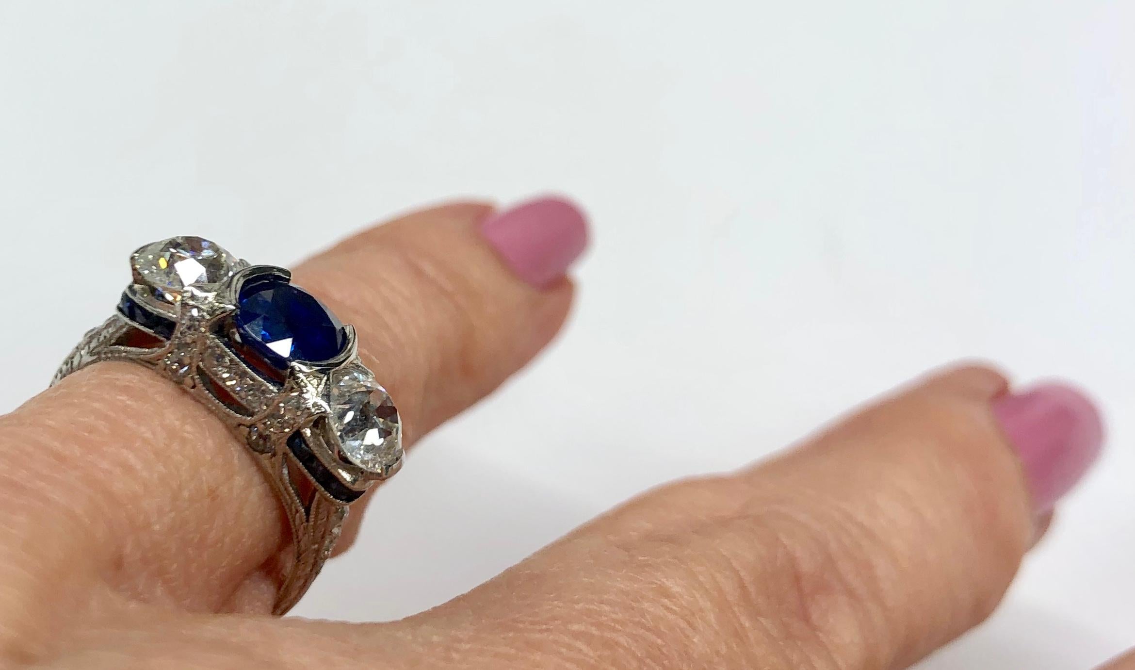 Mixed Cut Art Deco Sapphire and Diamond 3-Stone Ring in Platinum  For Sale