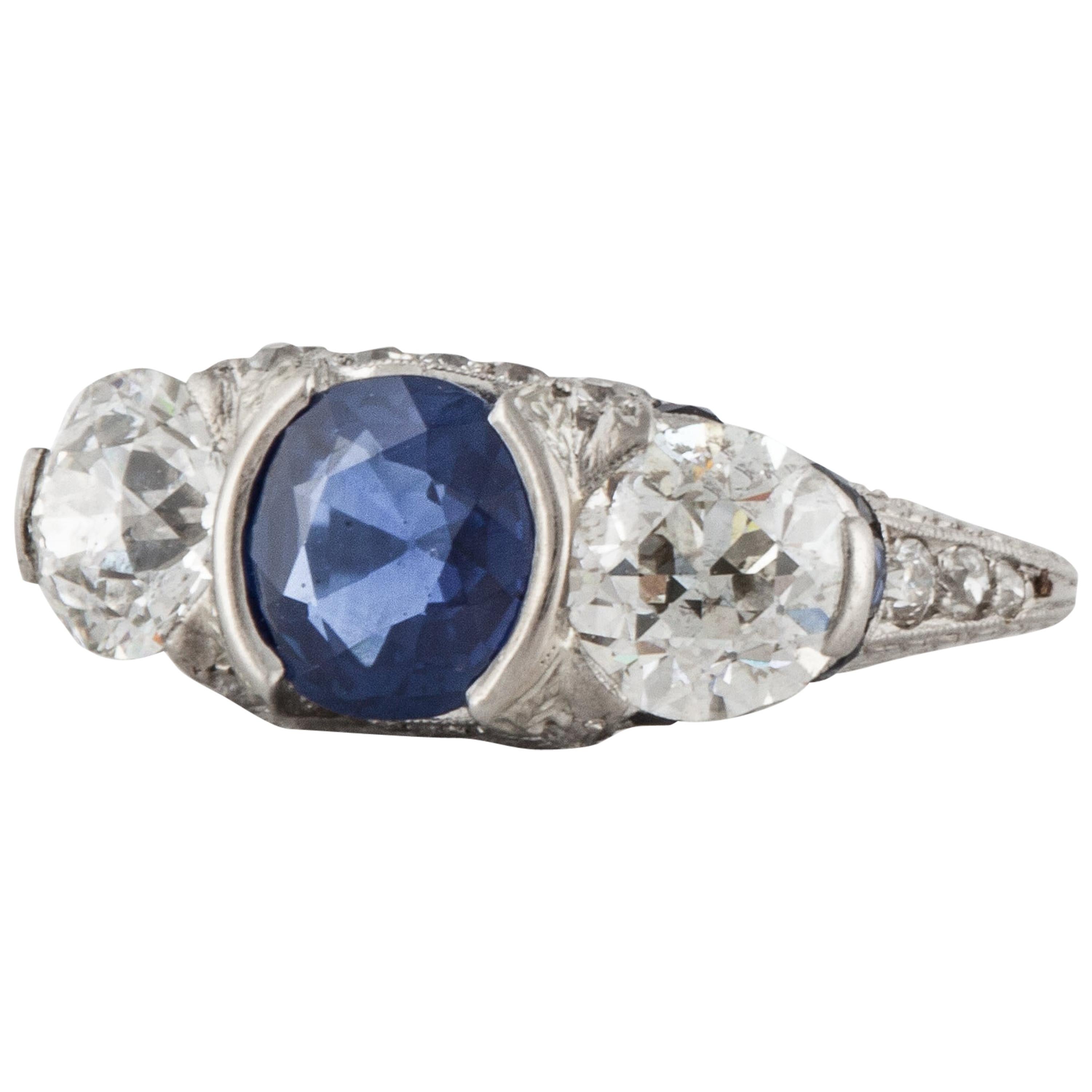 Art Deco Sapphire and Diamond 3-Stone Ring in Platinum  For Sale