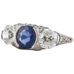 Art Deco Sapphire and Diamond 3-Stone Ring in Platinum 