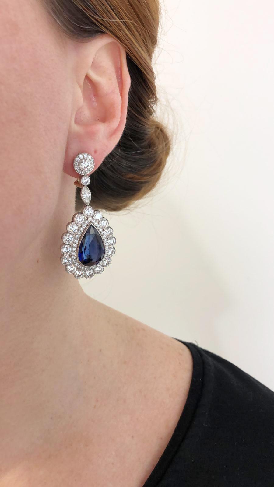 Mixed Cut Diamond Sapphire Platinum Drop Earrings
