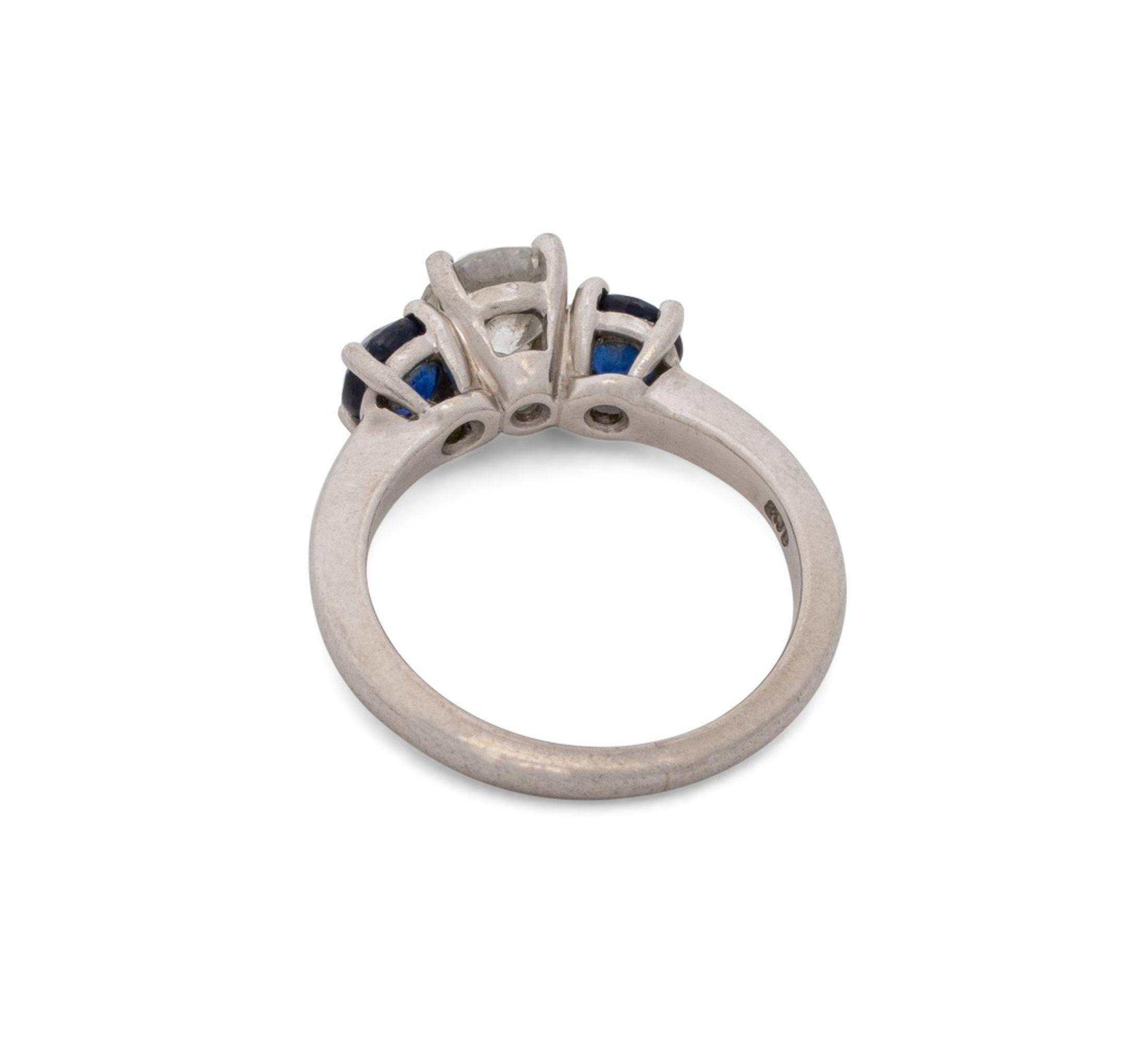 Platinum Diamond Sapphire 3-Stone Engagement Ring en vente 1
