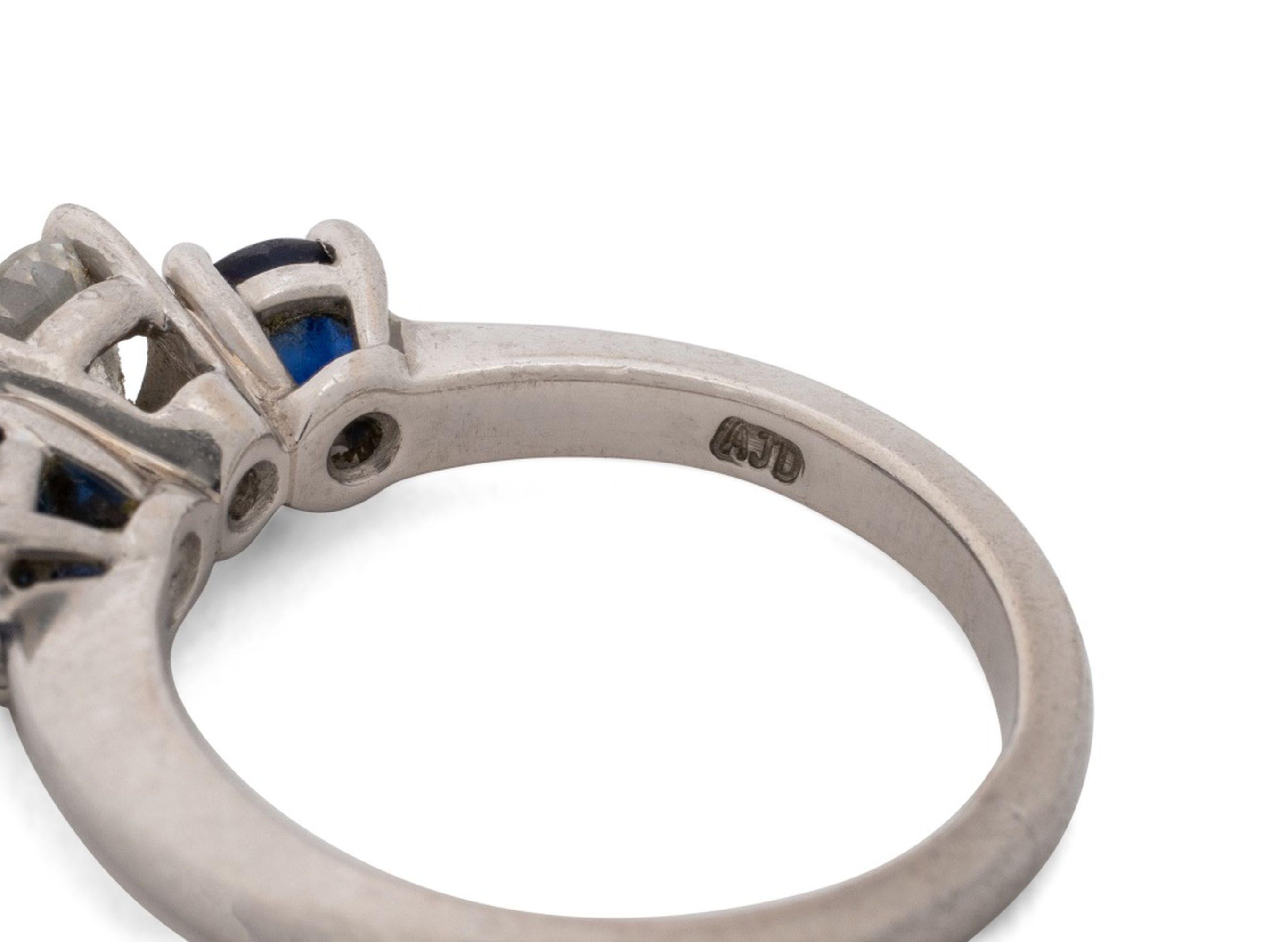 Platinum Diamond Sapphire 3-Stone Engagement Ring en vente 2