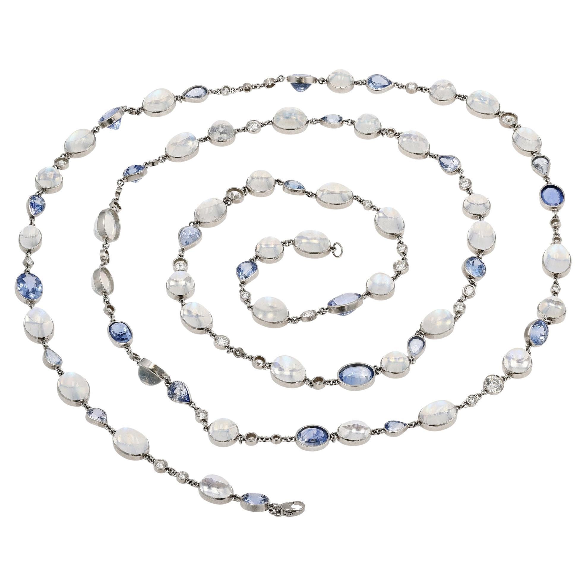 Platinum, Diamond, Sapphire, and Moonstone Longchain Station Necklace
